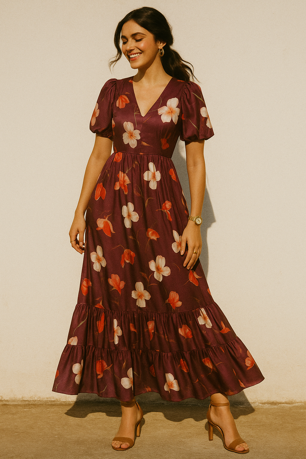 Shiny Red Tulip With Cherry Blossom Flower Digital Printed Fabric - Kora Silk