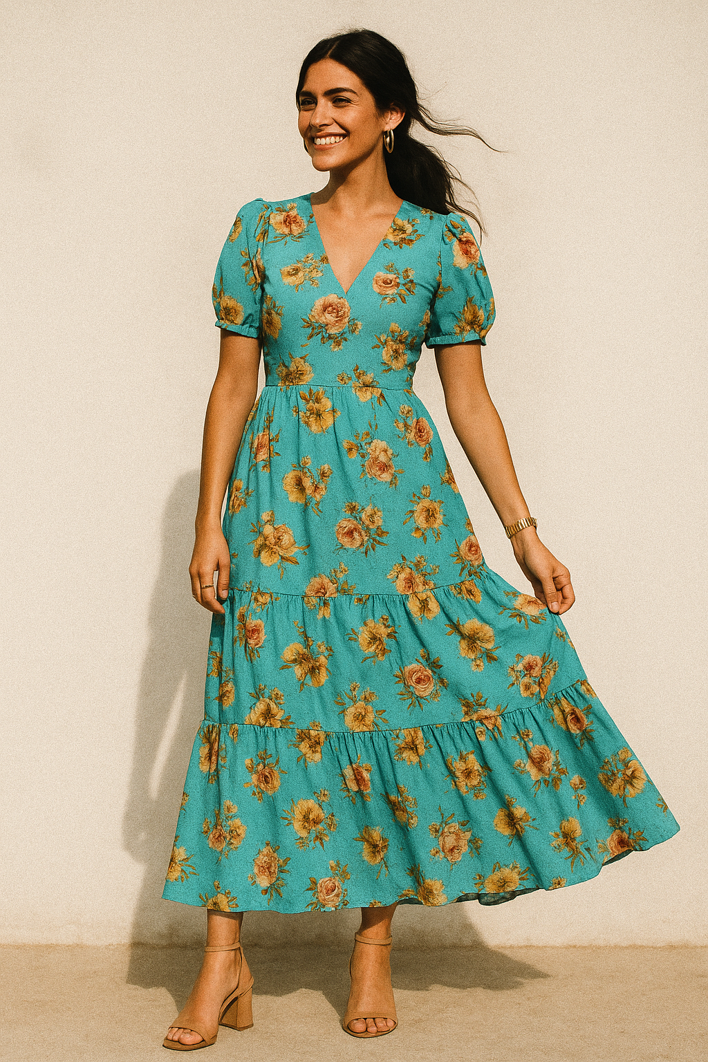 Lovely Periwinkle Flower With Blue Turquoise Digital Printed Fabric - Kora Silk