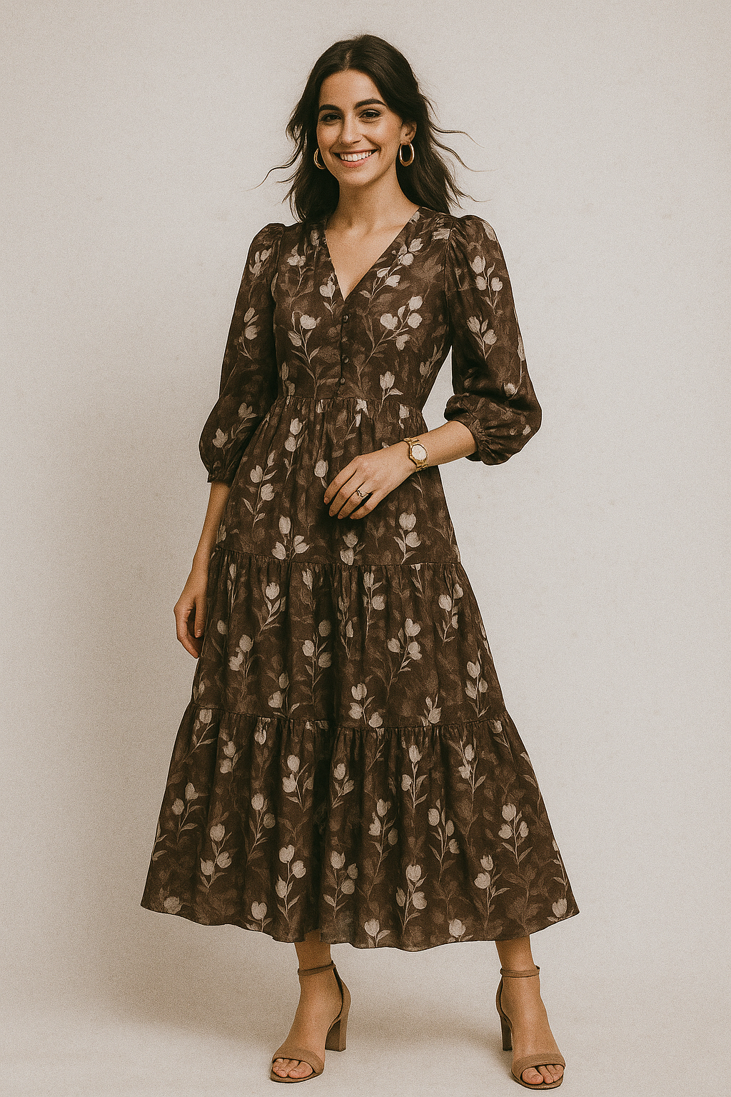 Watercolor Blooming Flower Brown Flower Digital Printed Fabric - Kora Silk