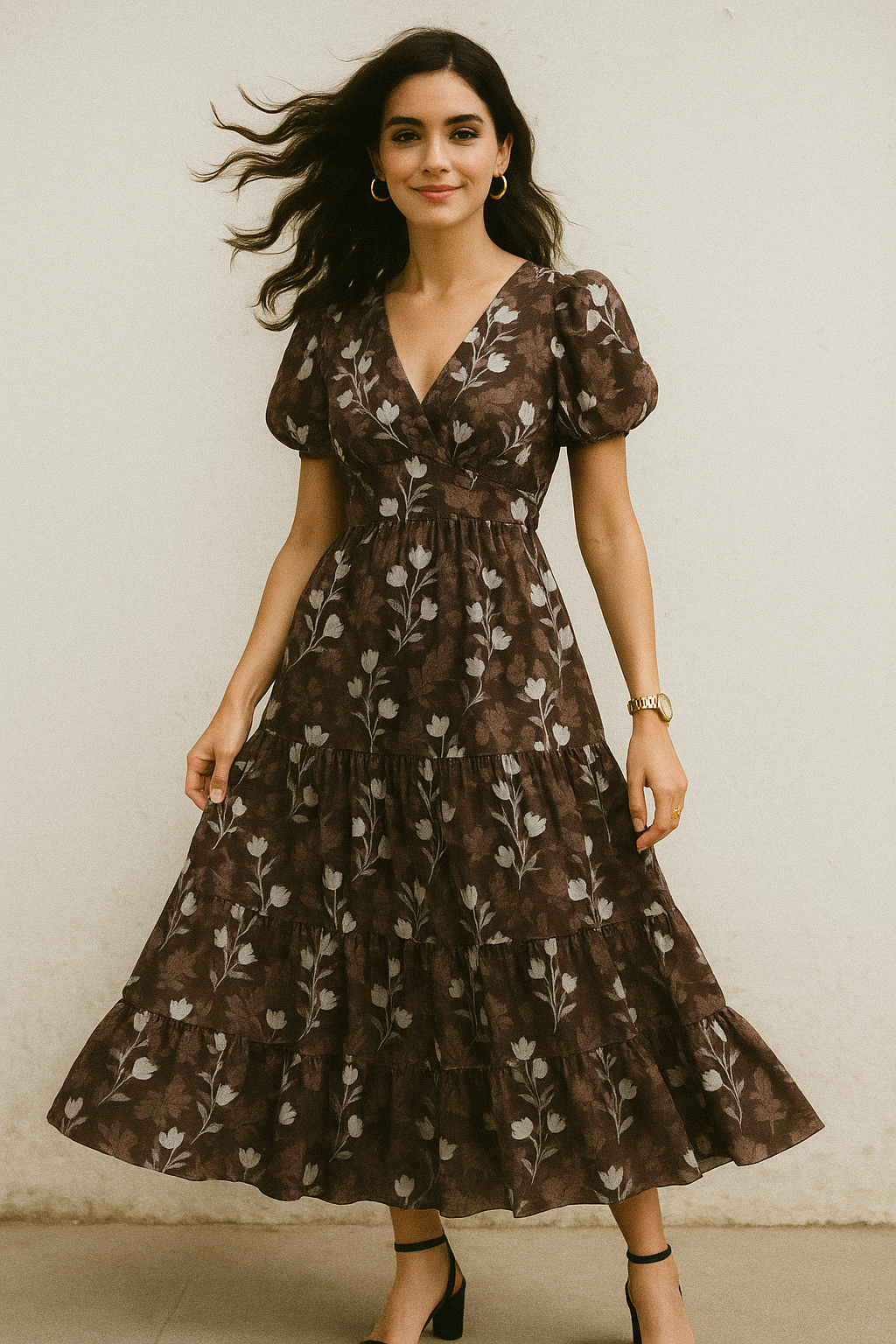 Watercolor Blooming Flower Brown Flower Digital Printed Fabric - Kora Silk