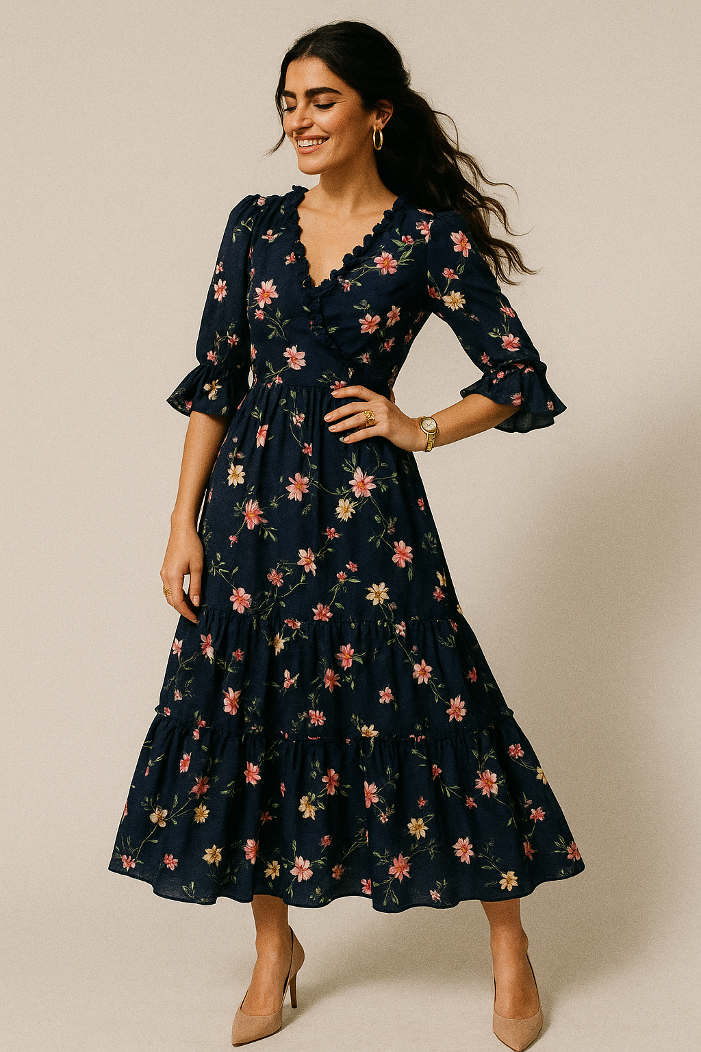 Tiny Colorfull Orchids Floral With Blue Background Digital Printed Fabric - Kora Silk