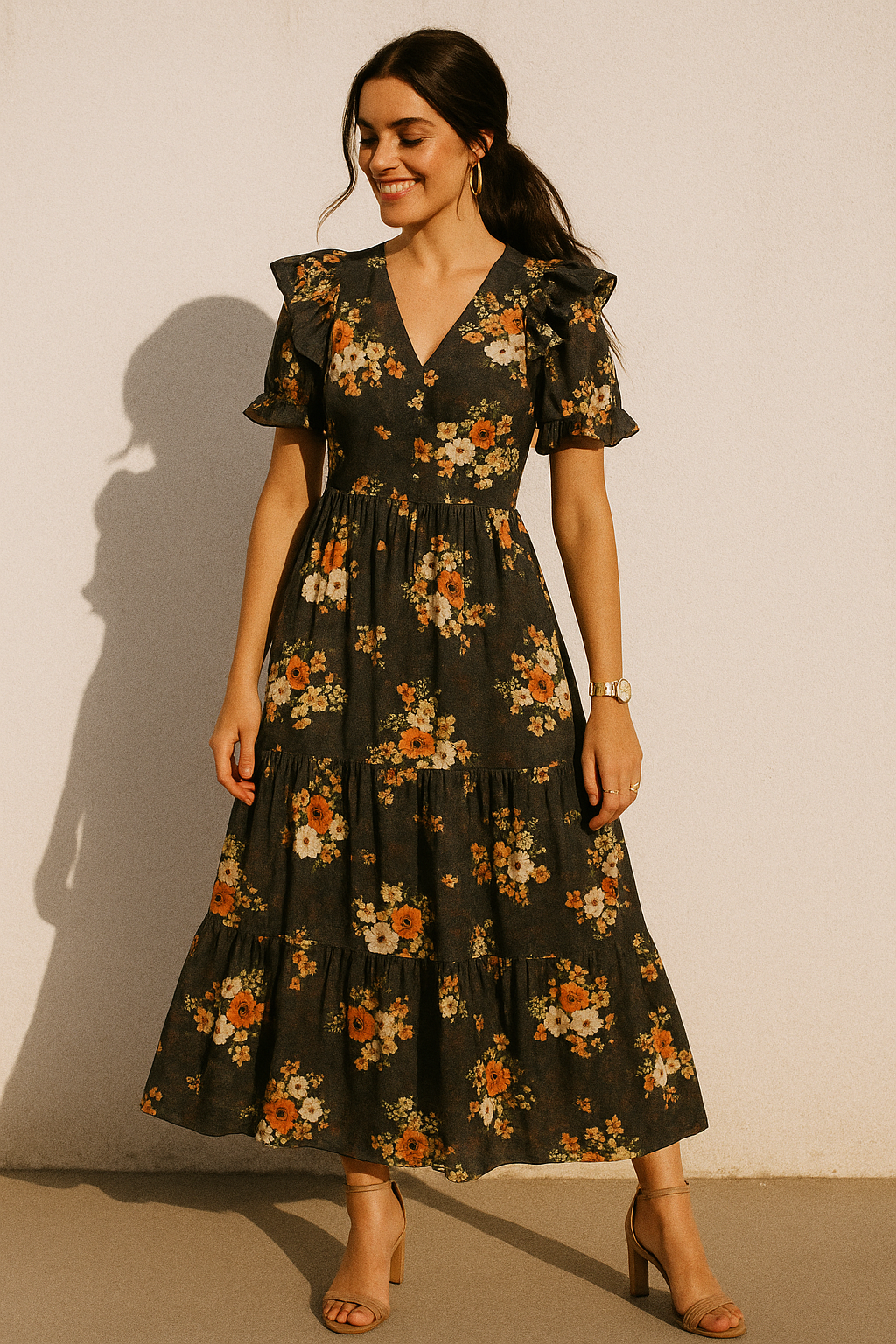 Multicolour Orchid Flower With Grey Background Digital Printed Fabric - Kora Silk