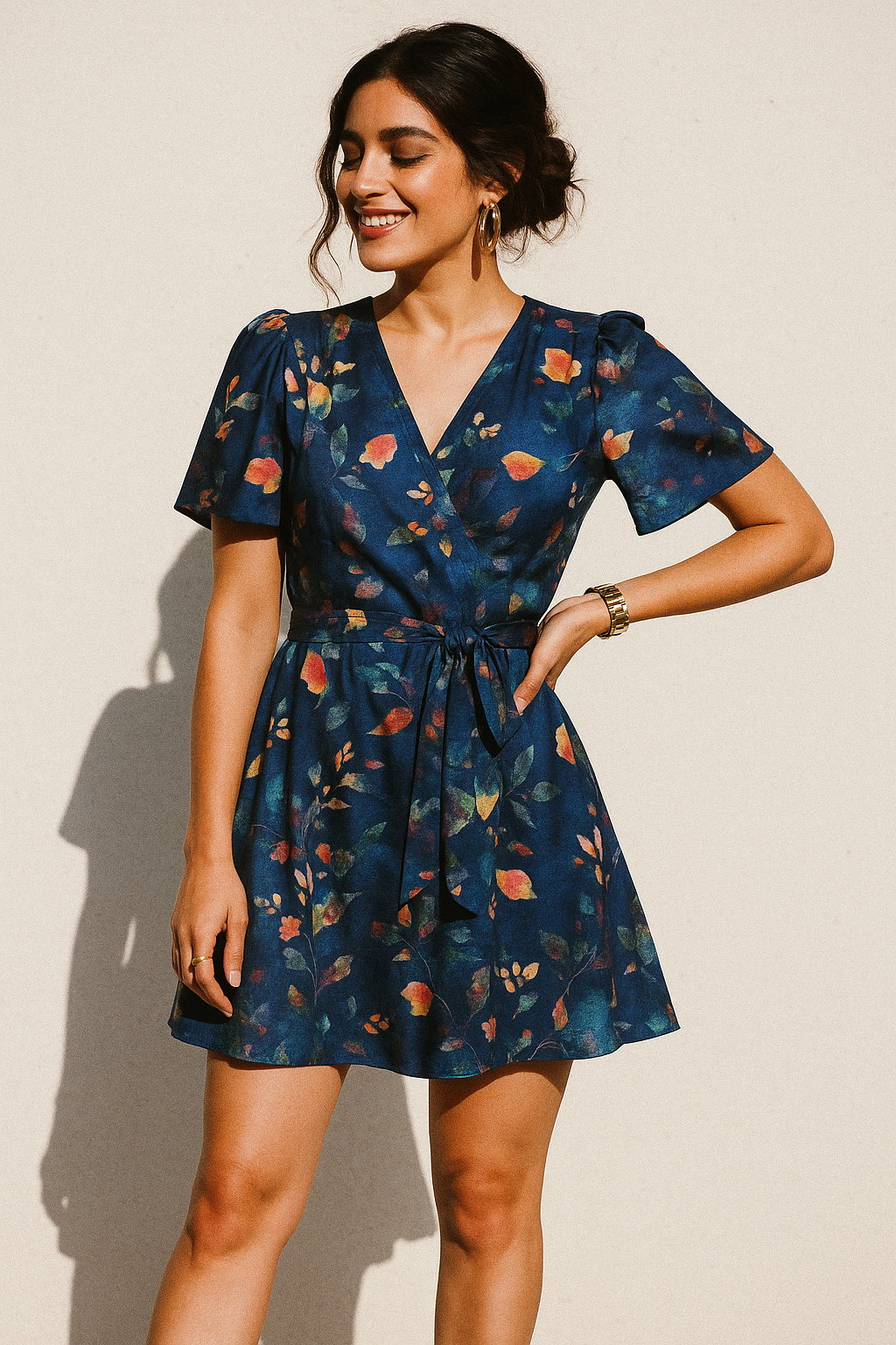 Little Leaves Petals With Blue background Digital Printed Fabric - Kora Silk