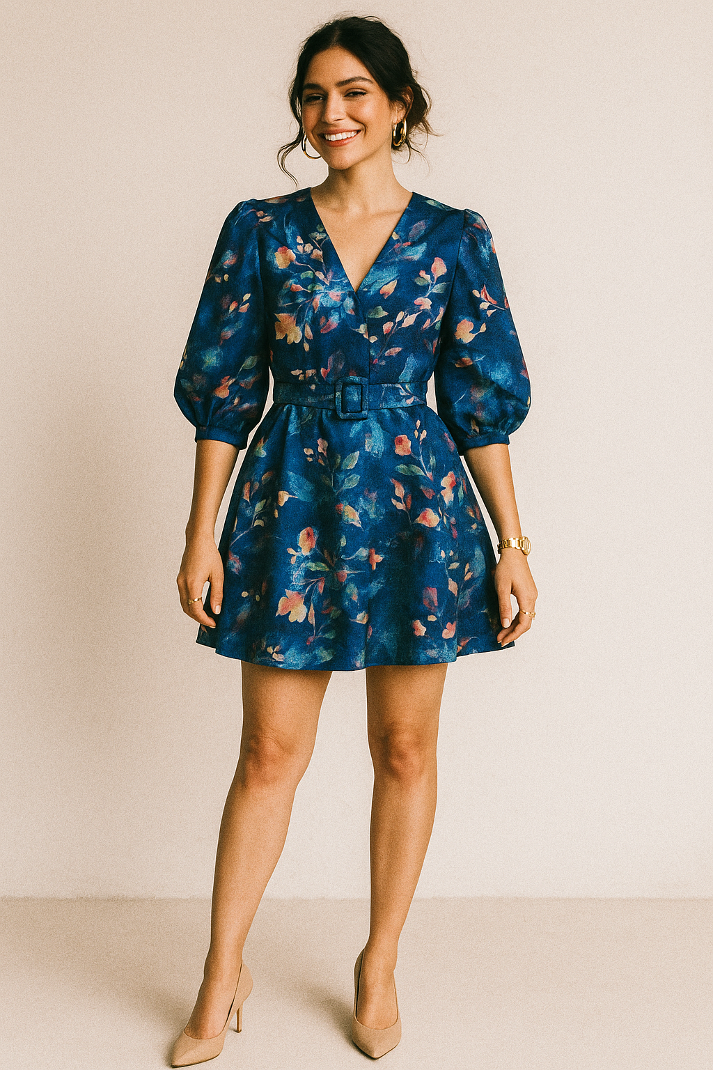 Little Leaves Petals With Blue background Digital Printed Fabric - Kora Silk