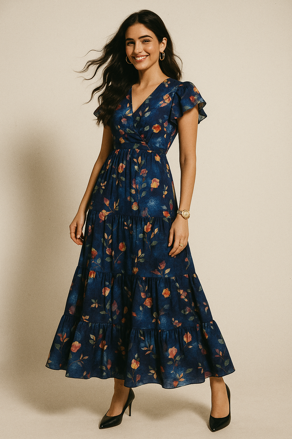 Little Leaves Petals With Blue background Digital Printed Fabric - Kora Silk