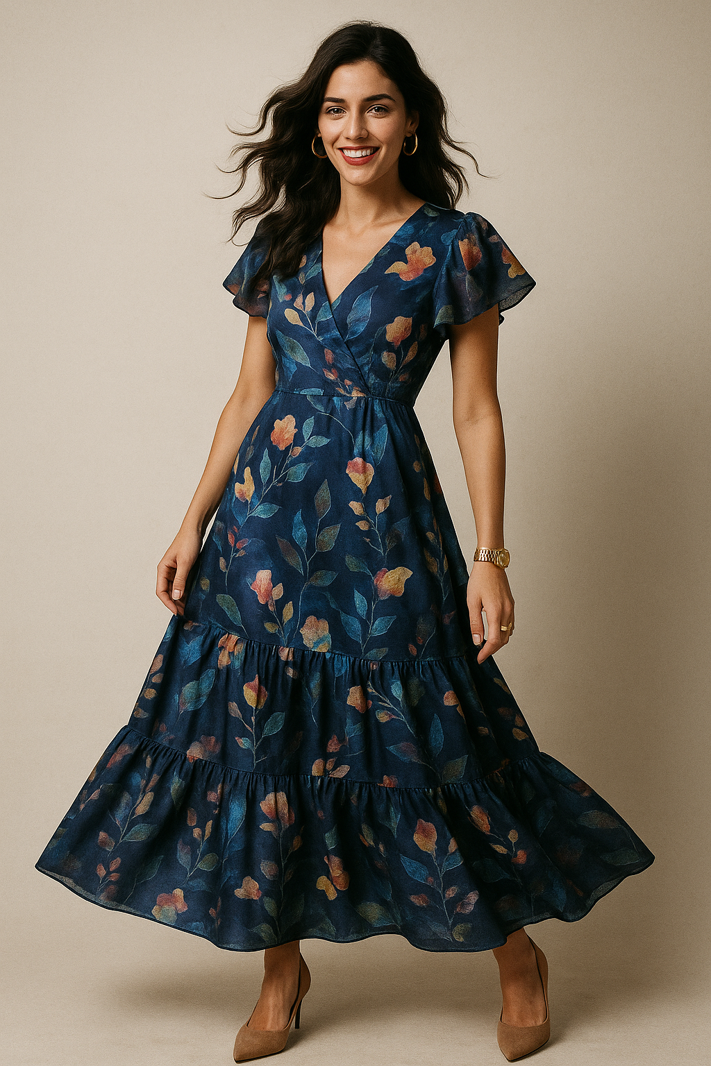 Little Leaves Petals With Blue background Digital Printed Fabric - Kora Silk