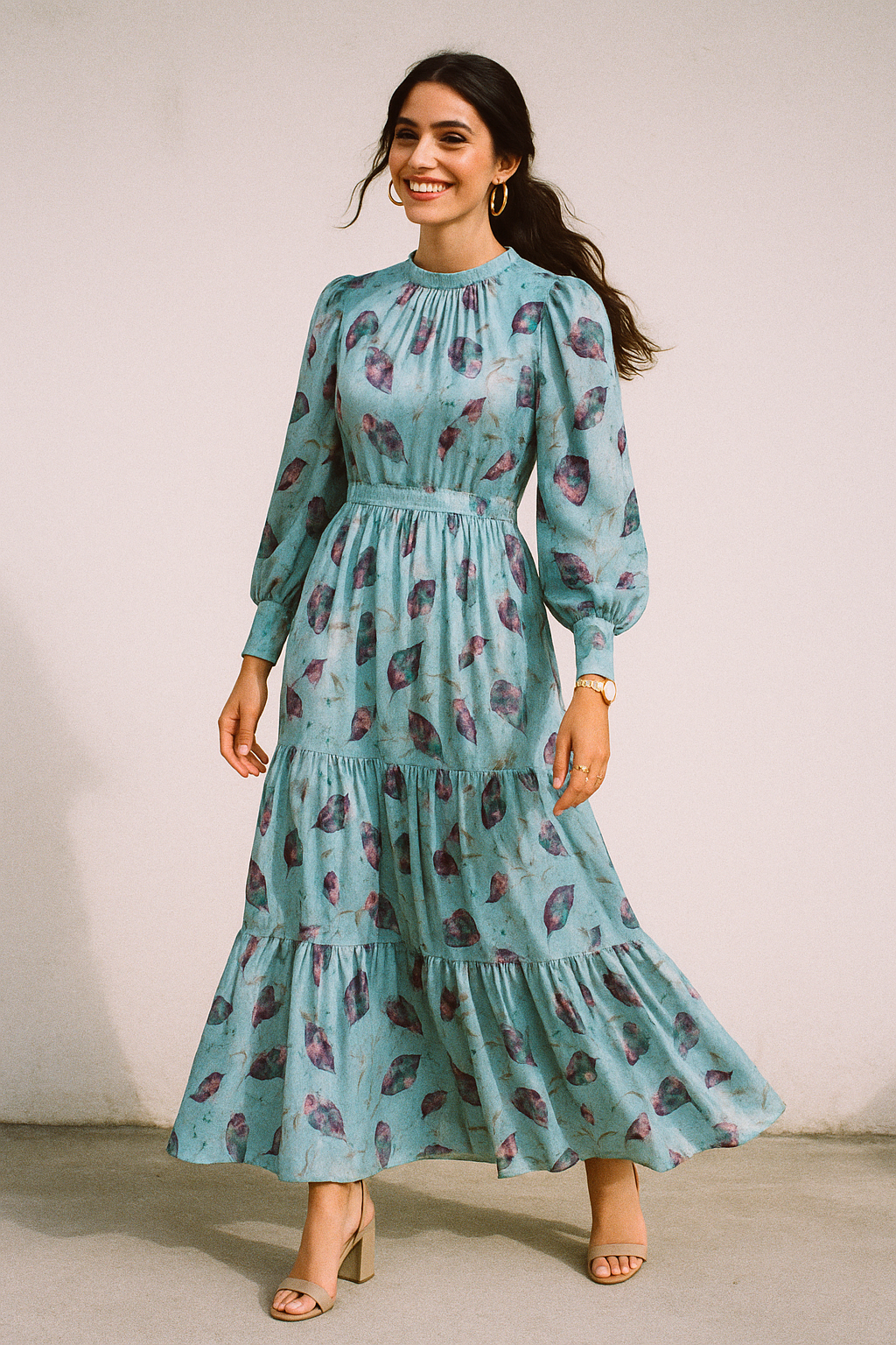 Watercolour Autumnal Leaves With Green Sprinkle Digital Printed Fabric - Kora Silk