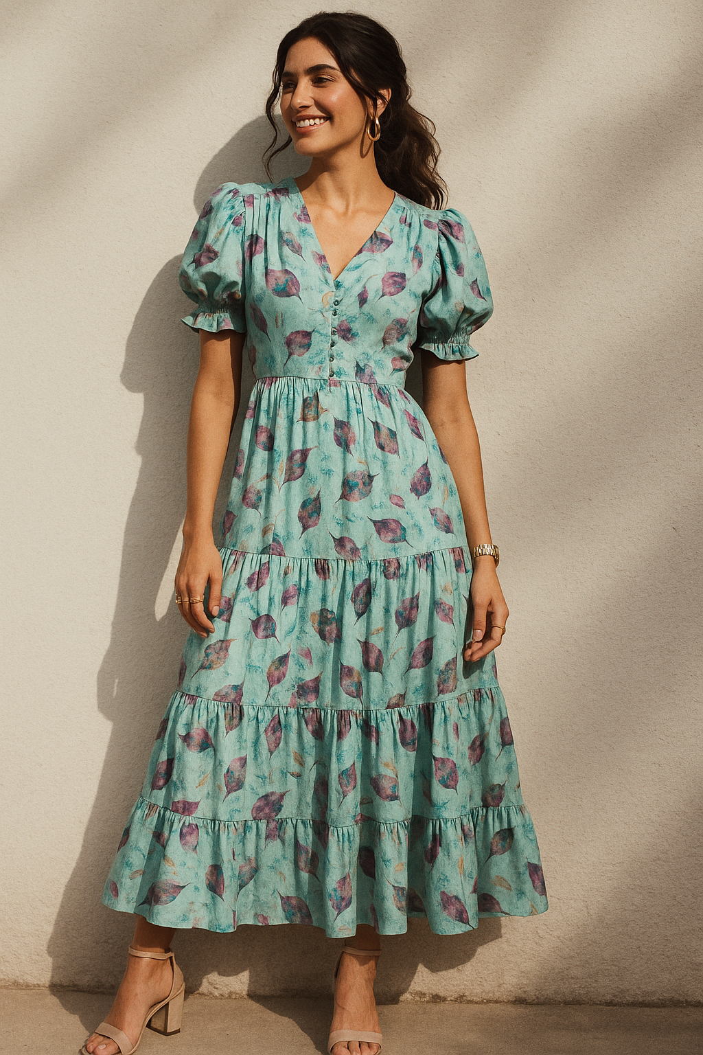 Watercolour Autumnal Leaves With Green Sprinkle Digital Printed Fabric - Kora Silk