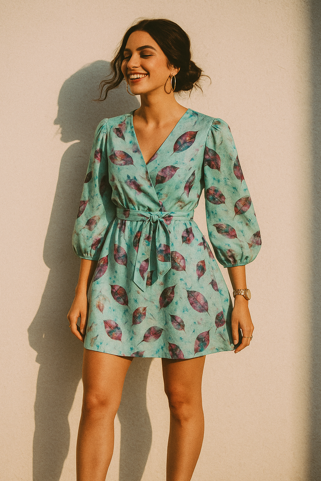 Watercolour Autumnal Leaves With Green Sprinkle Digital Printed Fabric - Kora Silk