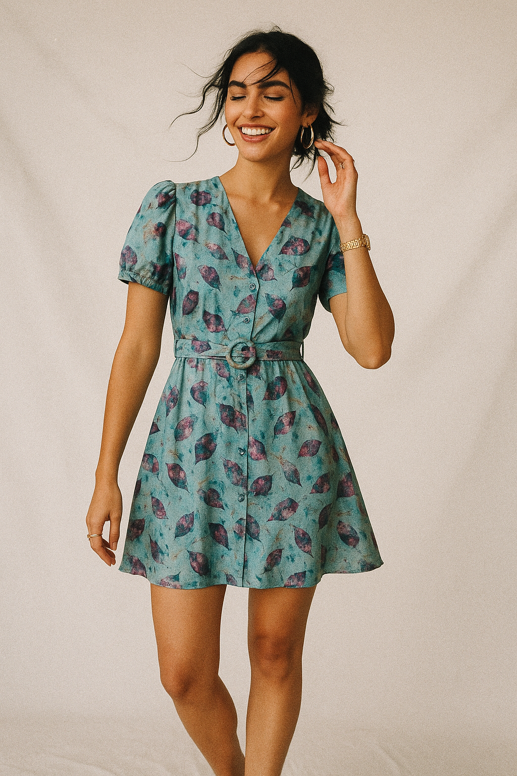 Watercolour Autumnal Leaves With Green Sprinkle Digital Printed Fabric - Kora Silk