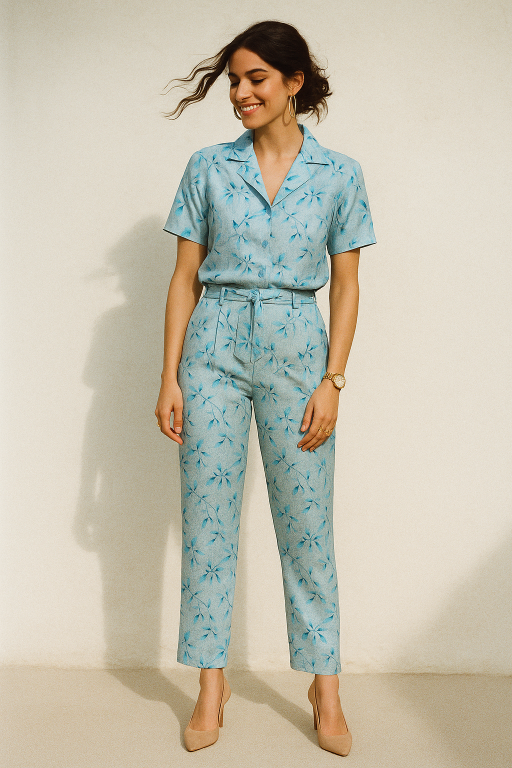 Attractive Sky Blue Leaves Digital Printed Fabric - Kora Silk