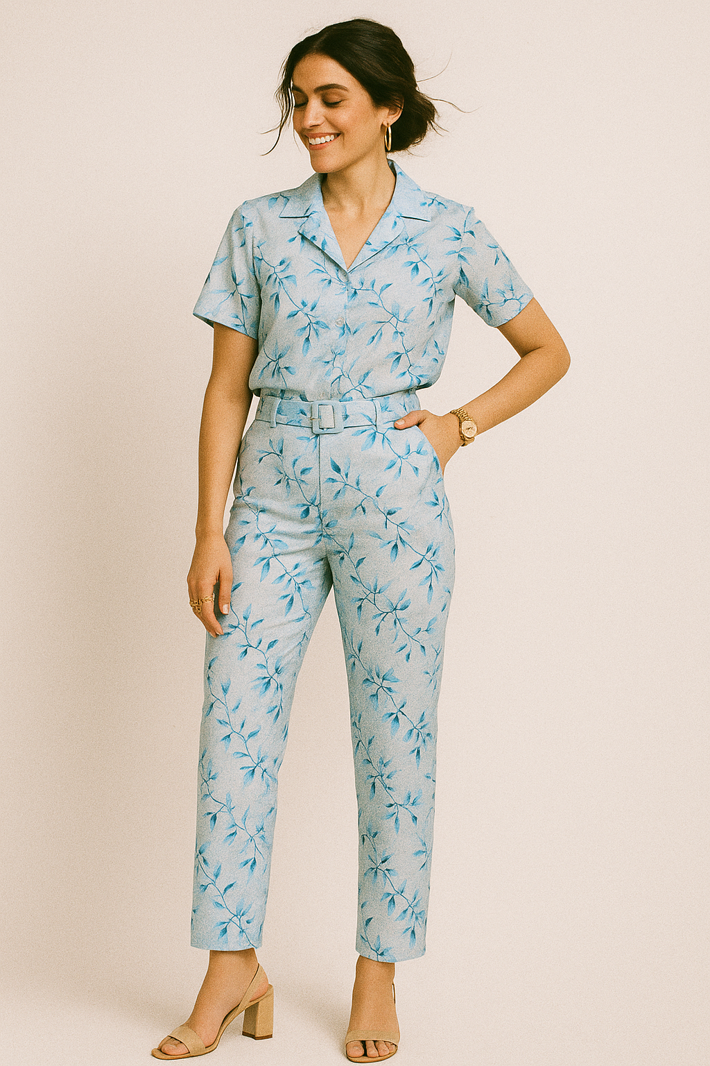 Attractive Sky Blue Leaves Digital Printed Fabric - Kora Silk