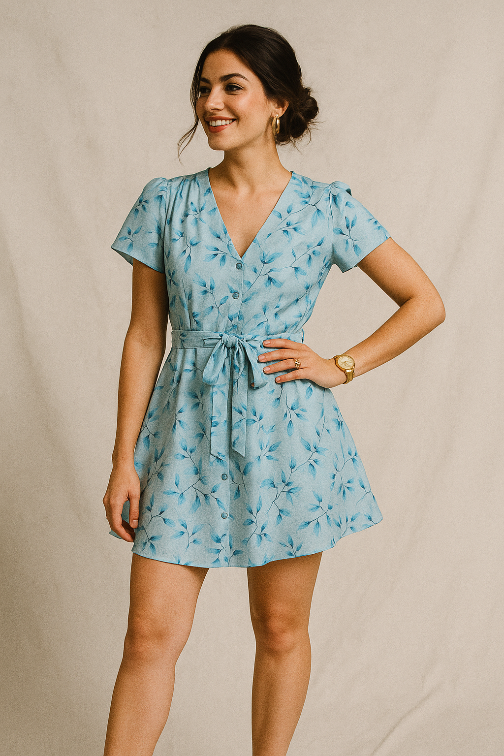 Attractive Sky Blue Leaves Digital Printed Fabric - Kora Silk