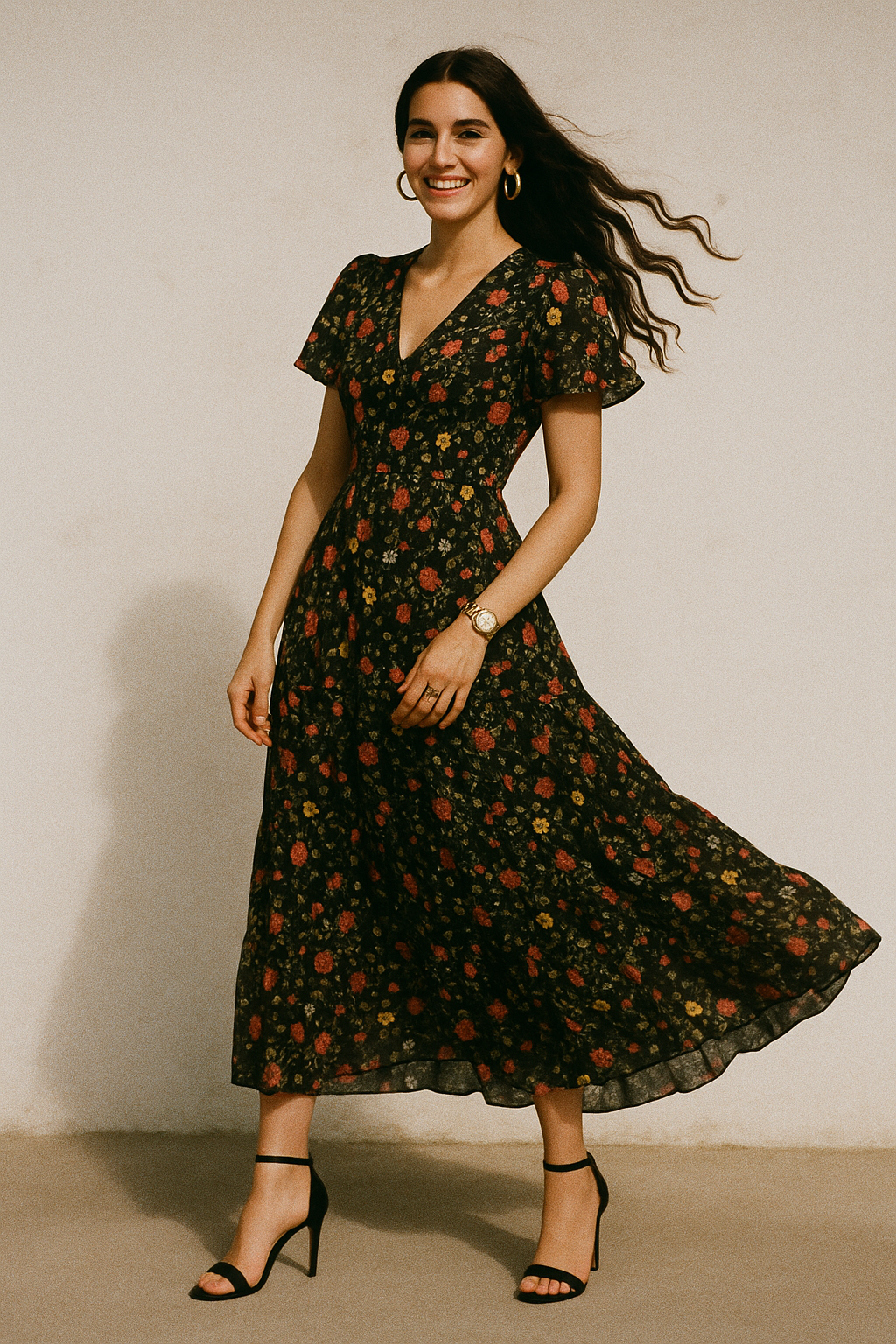 Beautiful Calico Flower With Branch Digital Printed Fabric - Kora Silk