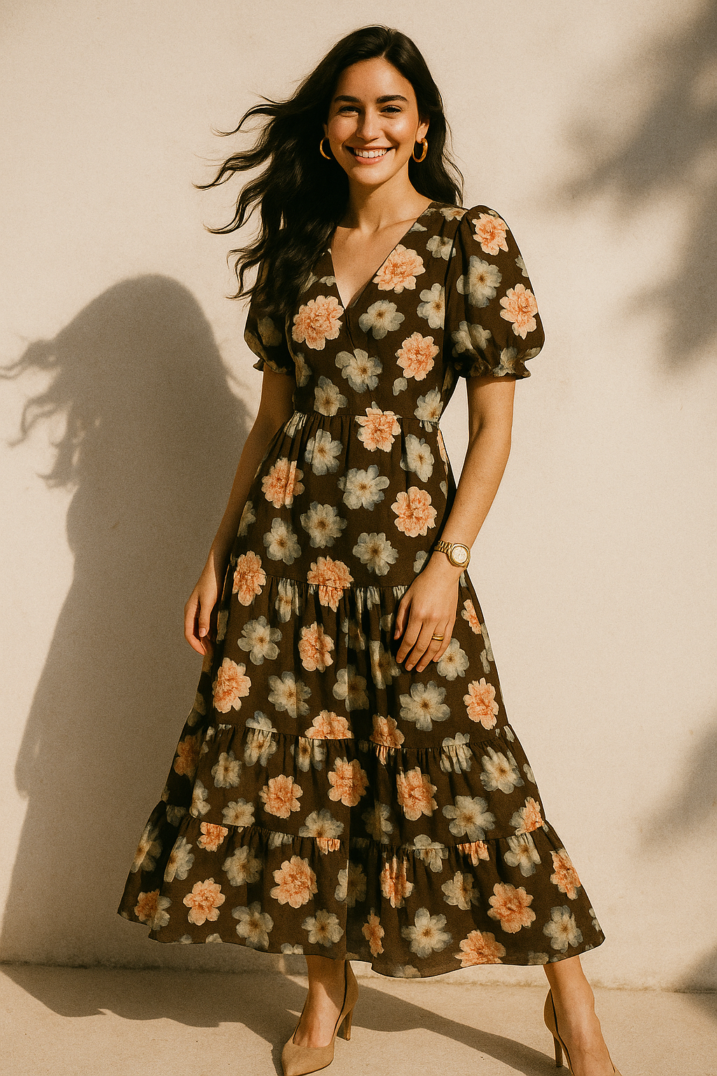 Blooming Orange Roses With Grey Digital Printed Fabric - Kora Silk