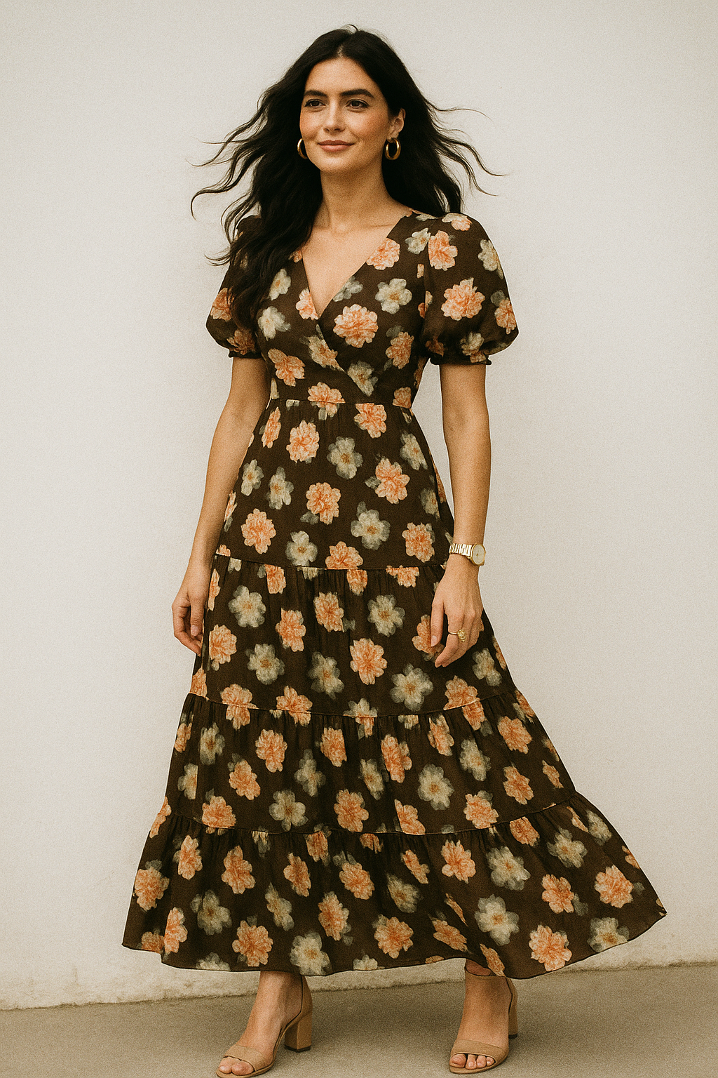 Blooming Orange Roses With Grey Digital Printed Fabric - Kora Silk