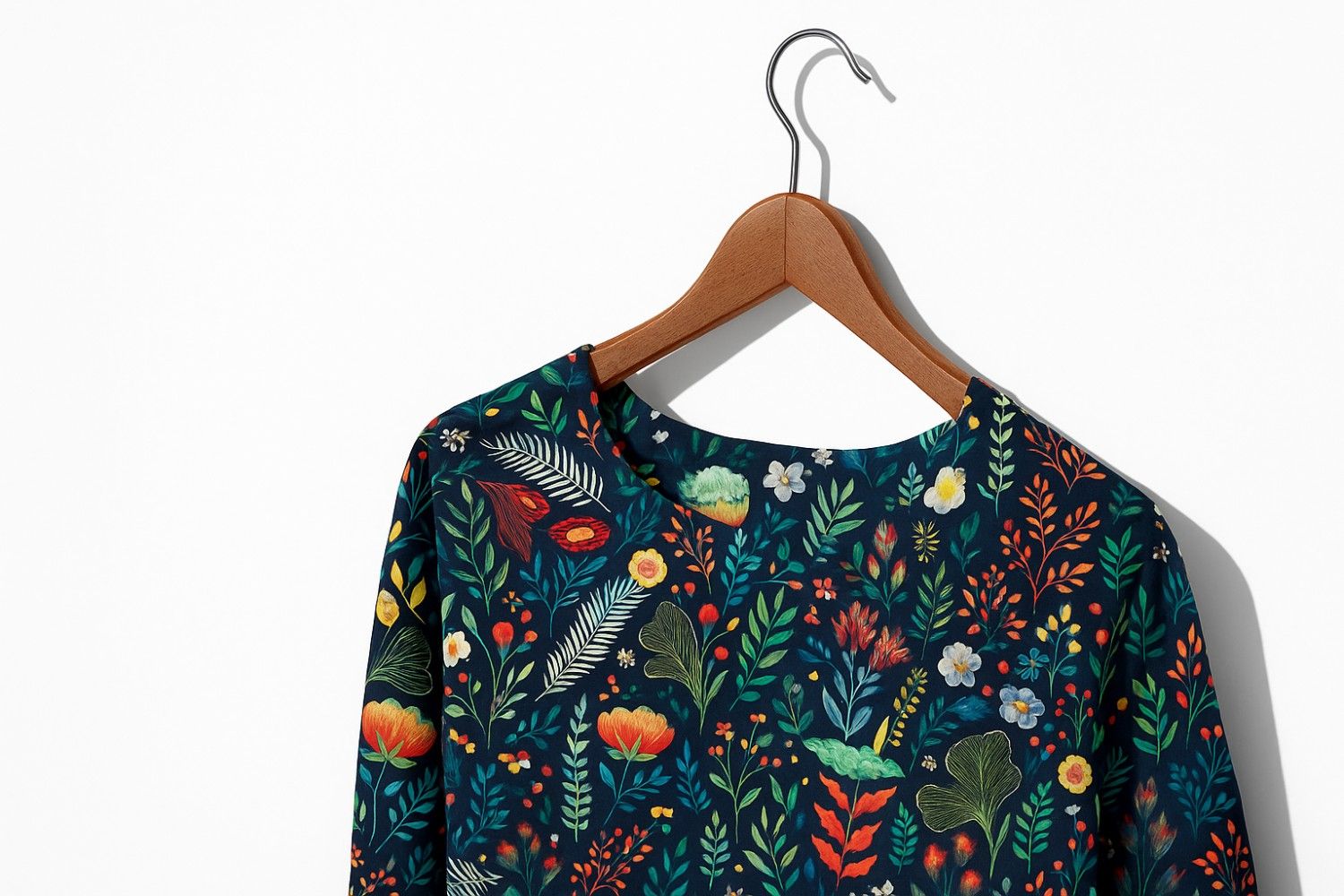 Floral-patterned shirt on a wooden hanger against a white background