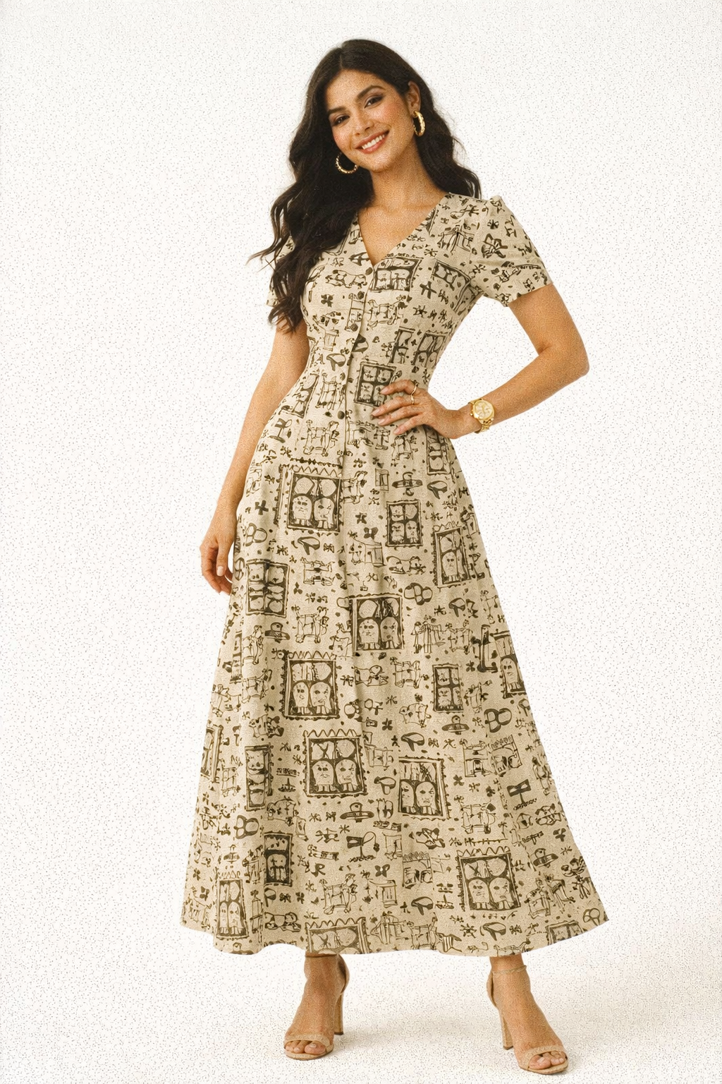 Beige Tribal Motif Quirky Art Print Soft Rayon Fabric