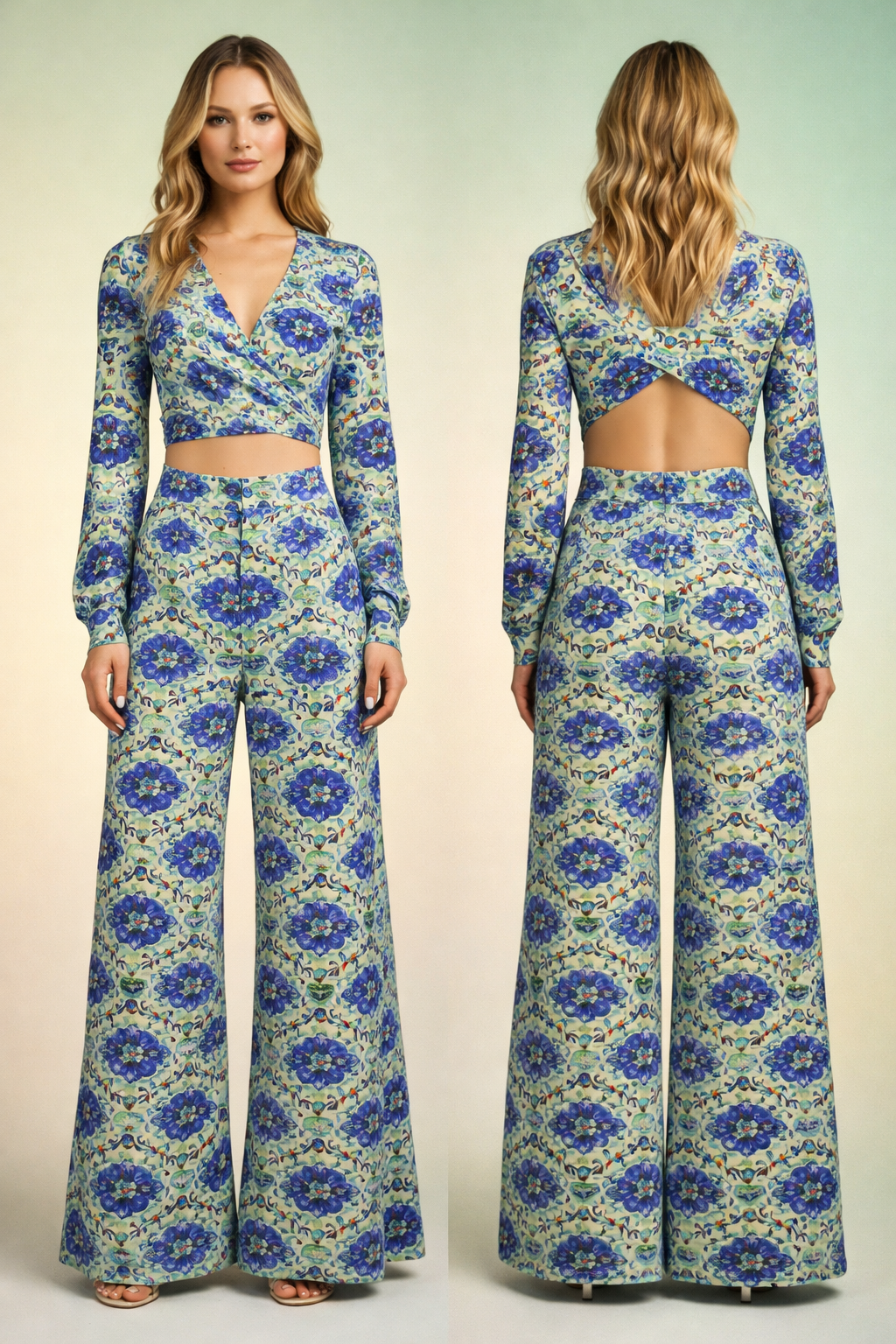 Royal Blue & Green Damask Floral Motif Chanderi Fabric