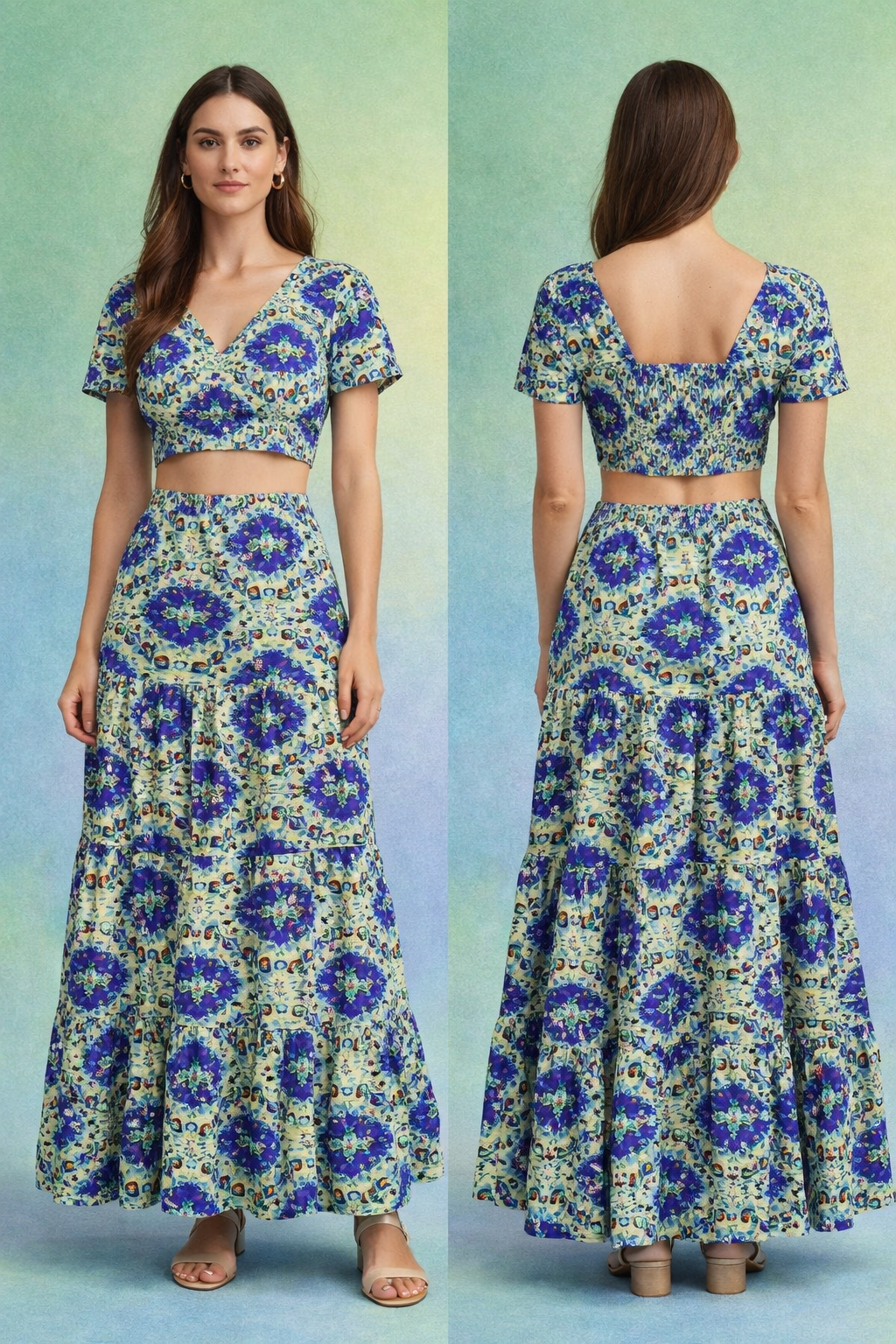 Royal Blue & Green Damask Floral Motif Chanderi Fabric