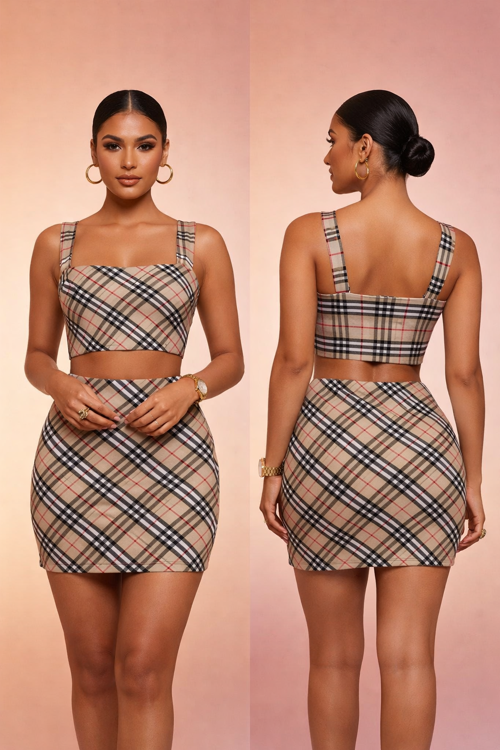 Classic Beige & Red Checkered Pattern Chanderi Fabric