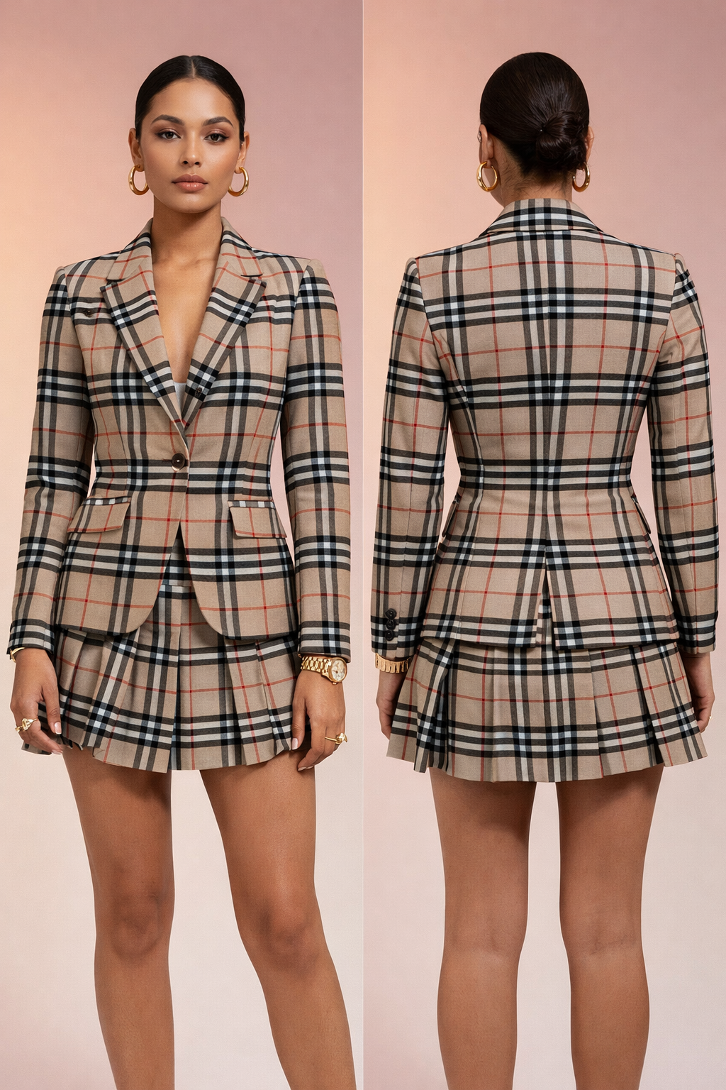 Classic Beige & Red Checkered Pattern Chanderi Fabric