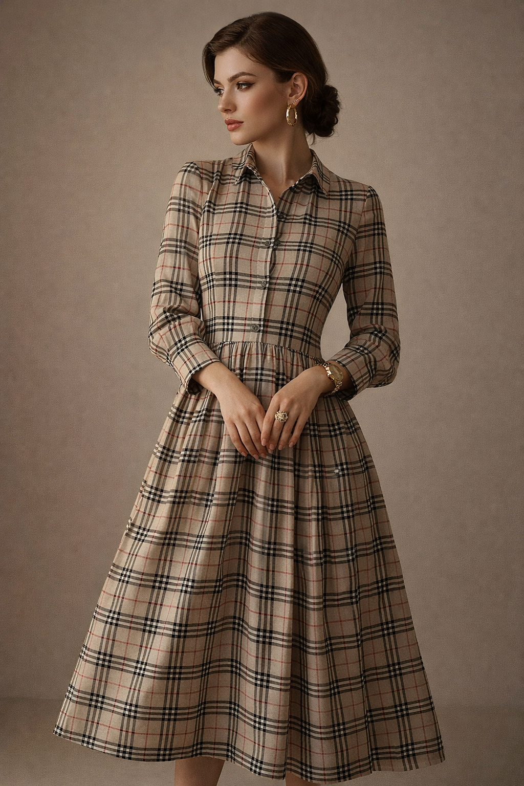 Classic Beige & Red Checkered Pattern Chanderi Fabric