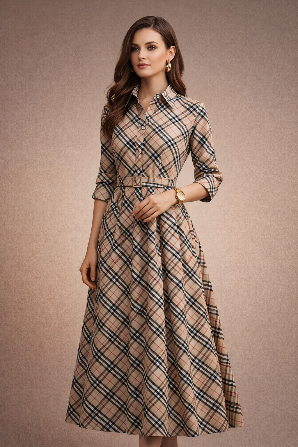 Classic Beige & Red Checkered Pattern Chanderi Fabric