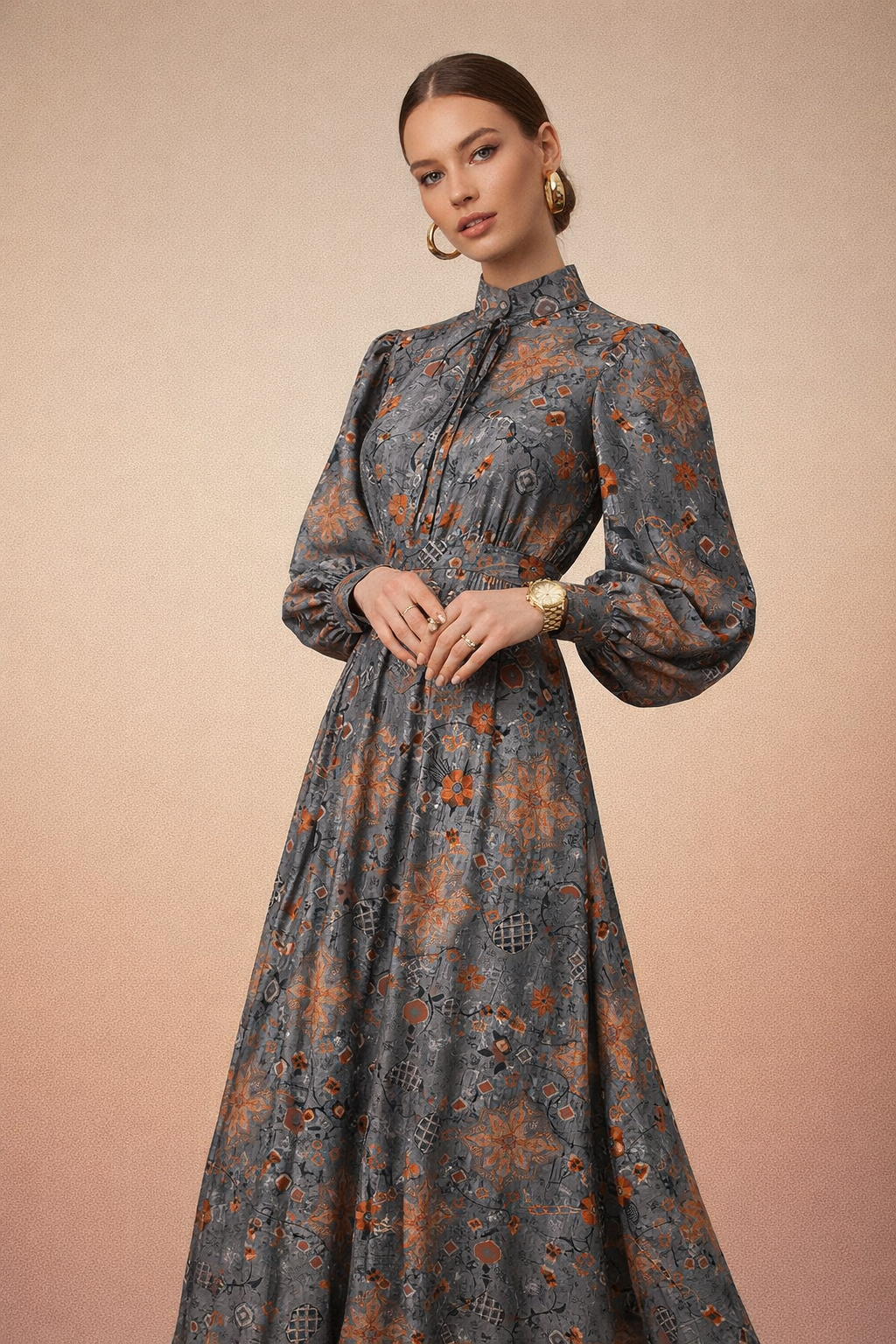 Bohemian Geometric Orange & Grey Printed Rayon Fabric