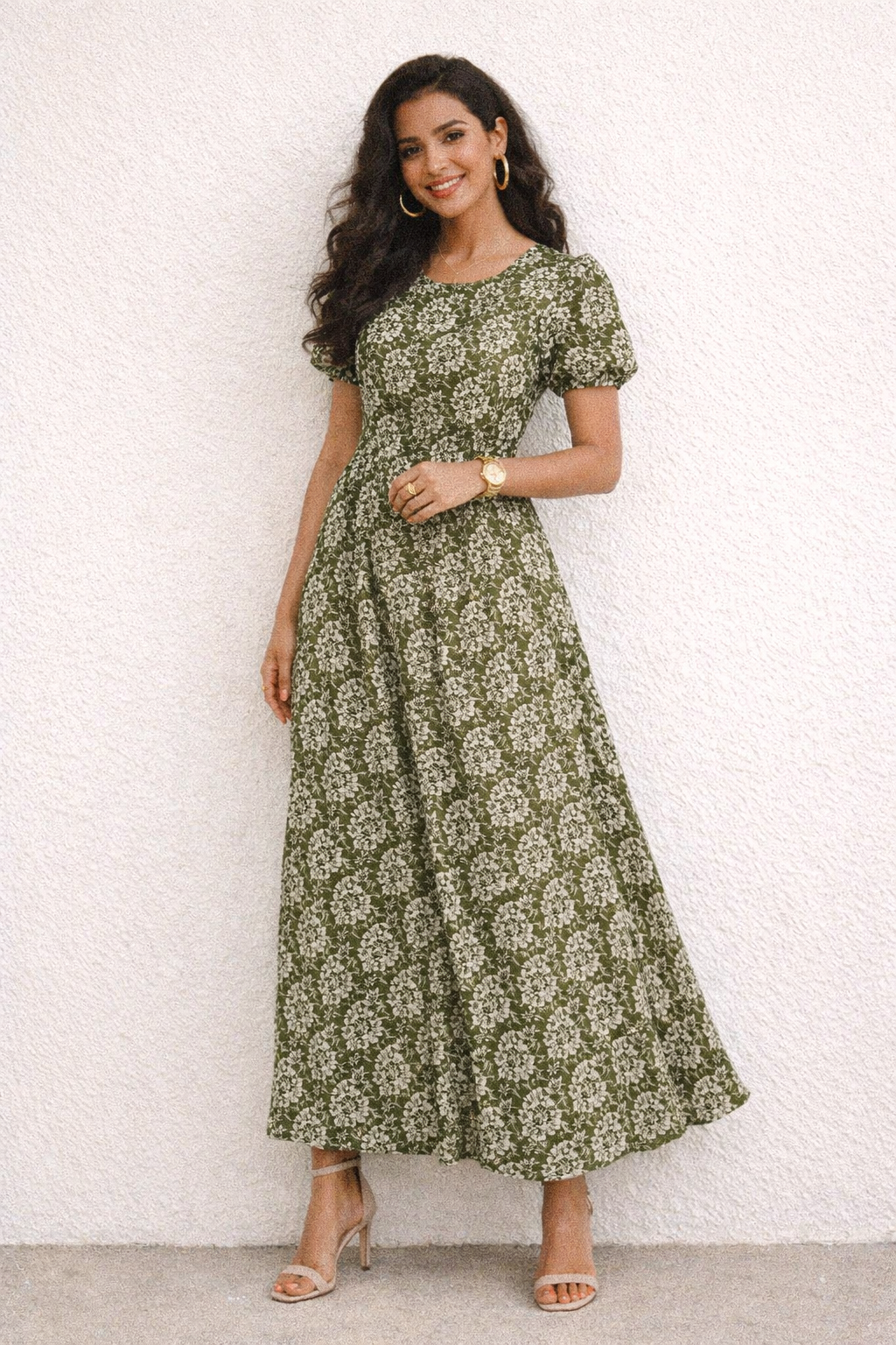 Delicate Floral Lace Print on Olive Green Muslin Fabric