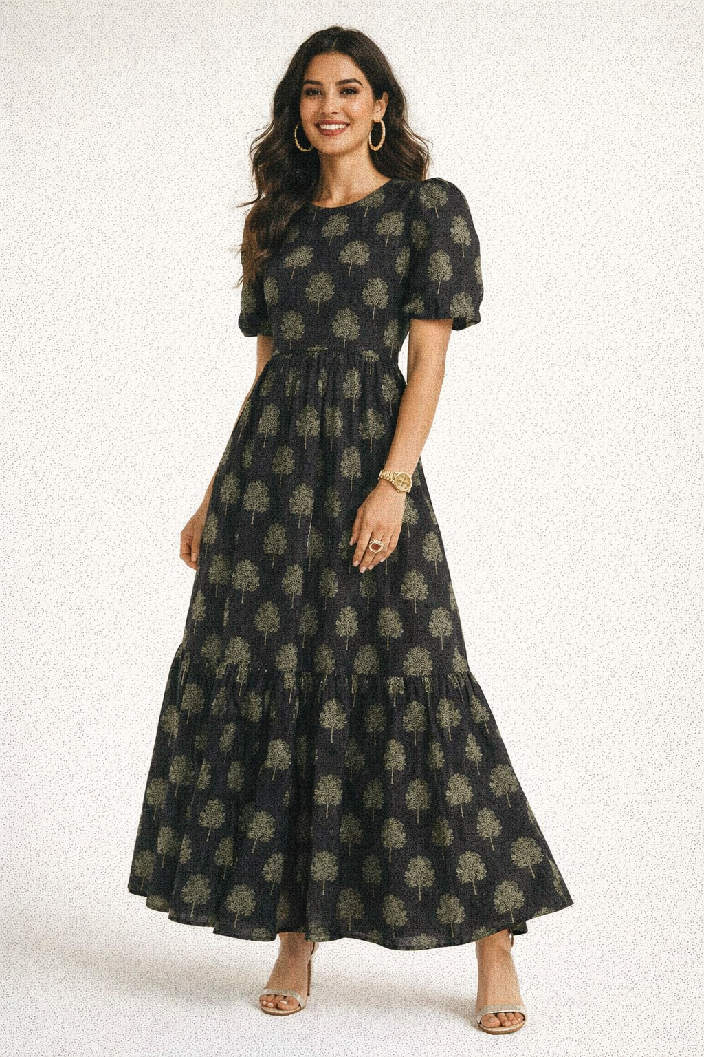 Charcoal Black & Olive Green Tree Printed Rayon Fabric