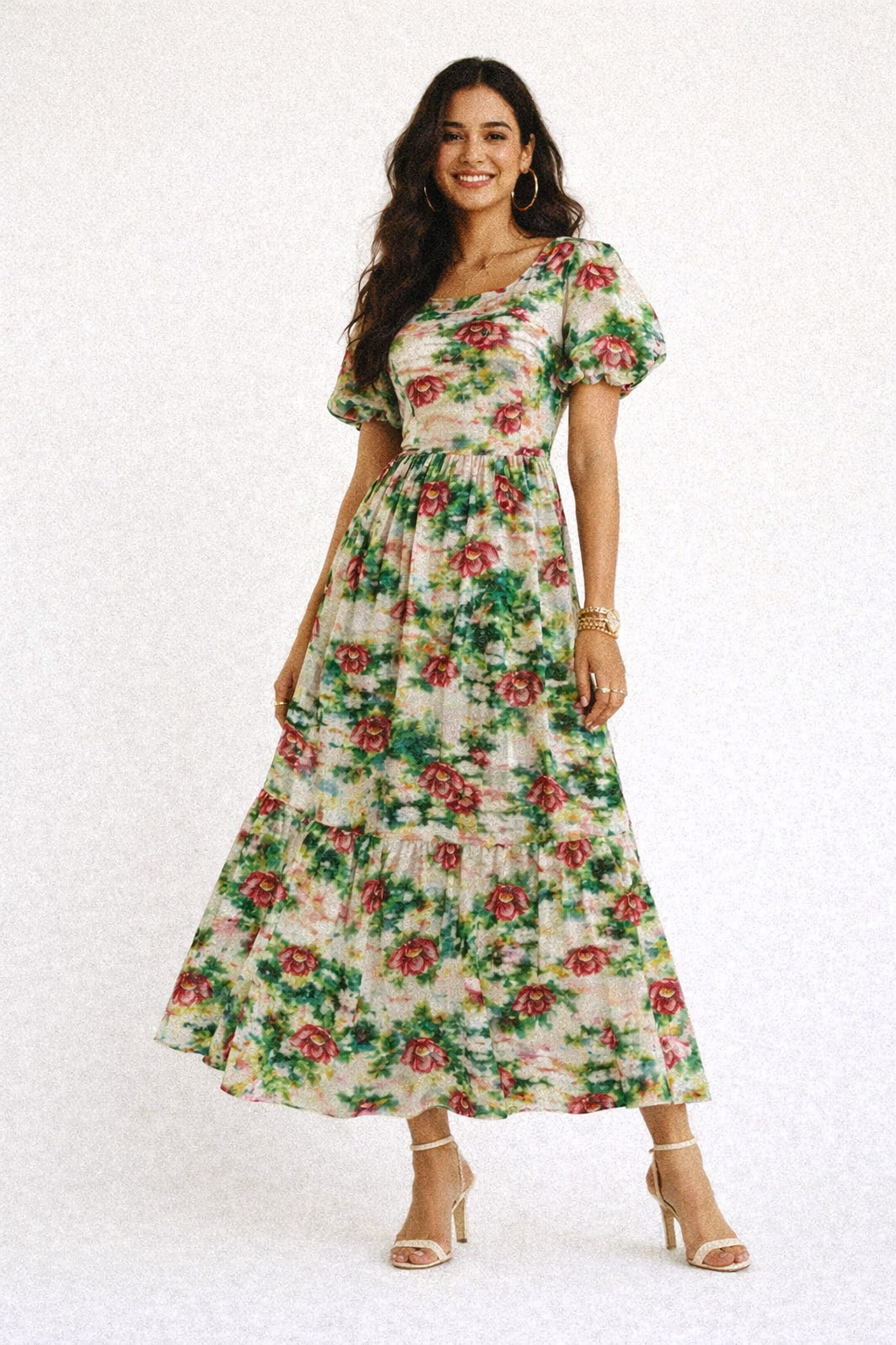 Painterly Red Poppy on Green Abstract Rayon Fabric