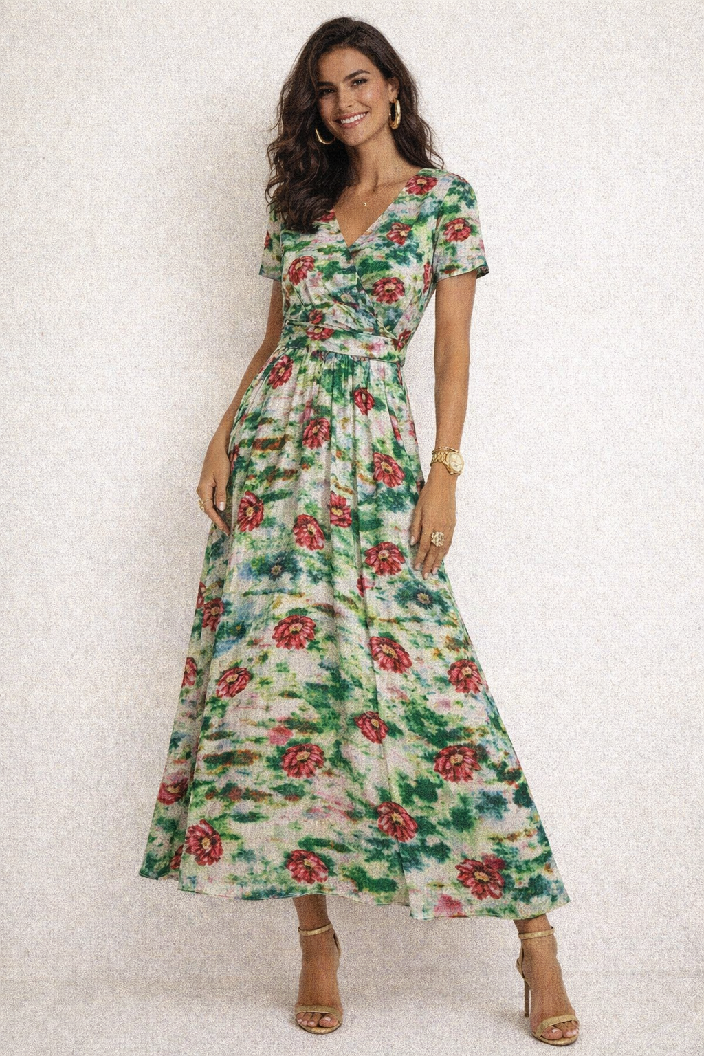 Painterly Red Poppy on Green Abstract Rayon Fabric