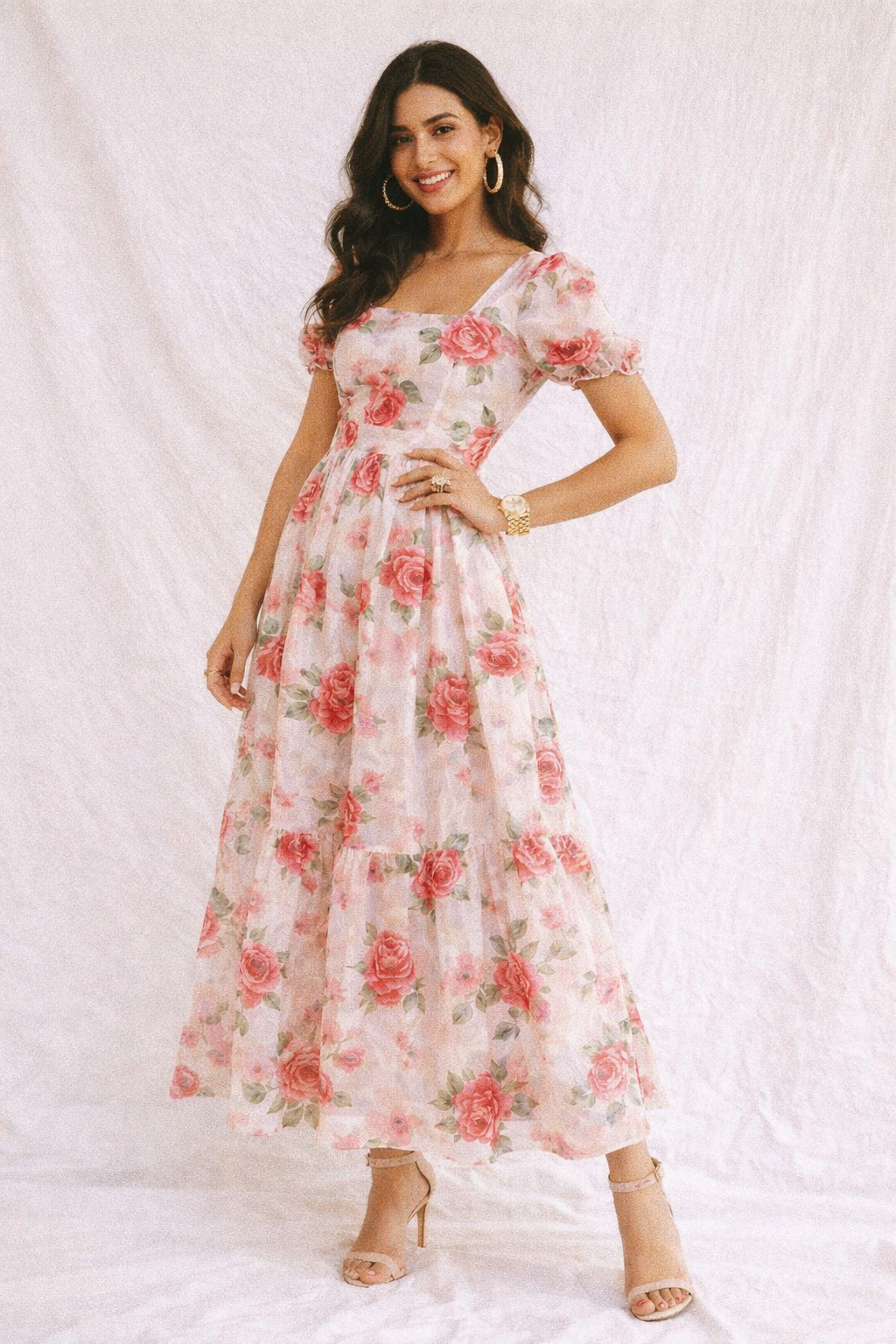 Watercolour Red Rose Floral Print Premium Muslin Fabric