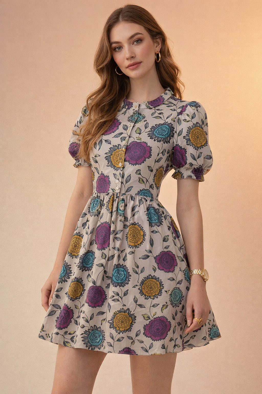 Chanderi Fabric with Colourful Stylised Floral Print