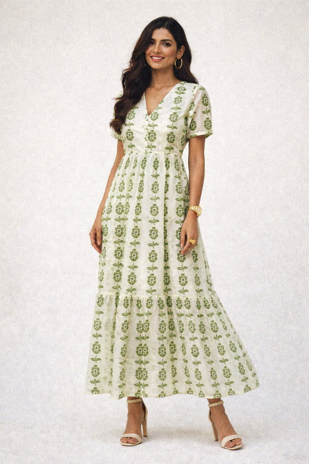 Olive Green Stylised Floral Stripe Chanderi Fabric