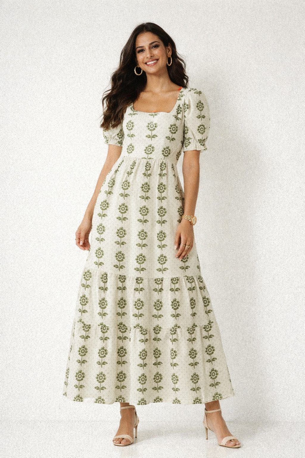 Olive Green Stylised Floral Stripe Chanderi Fabric