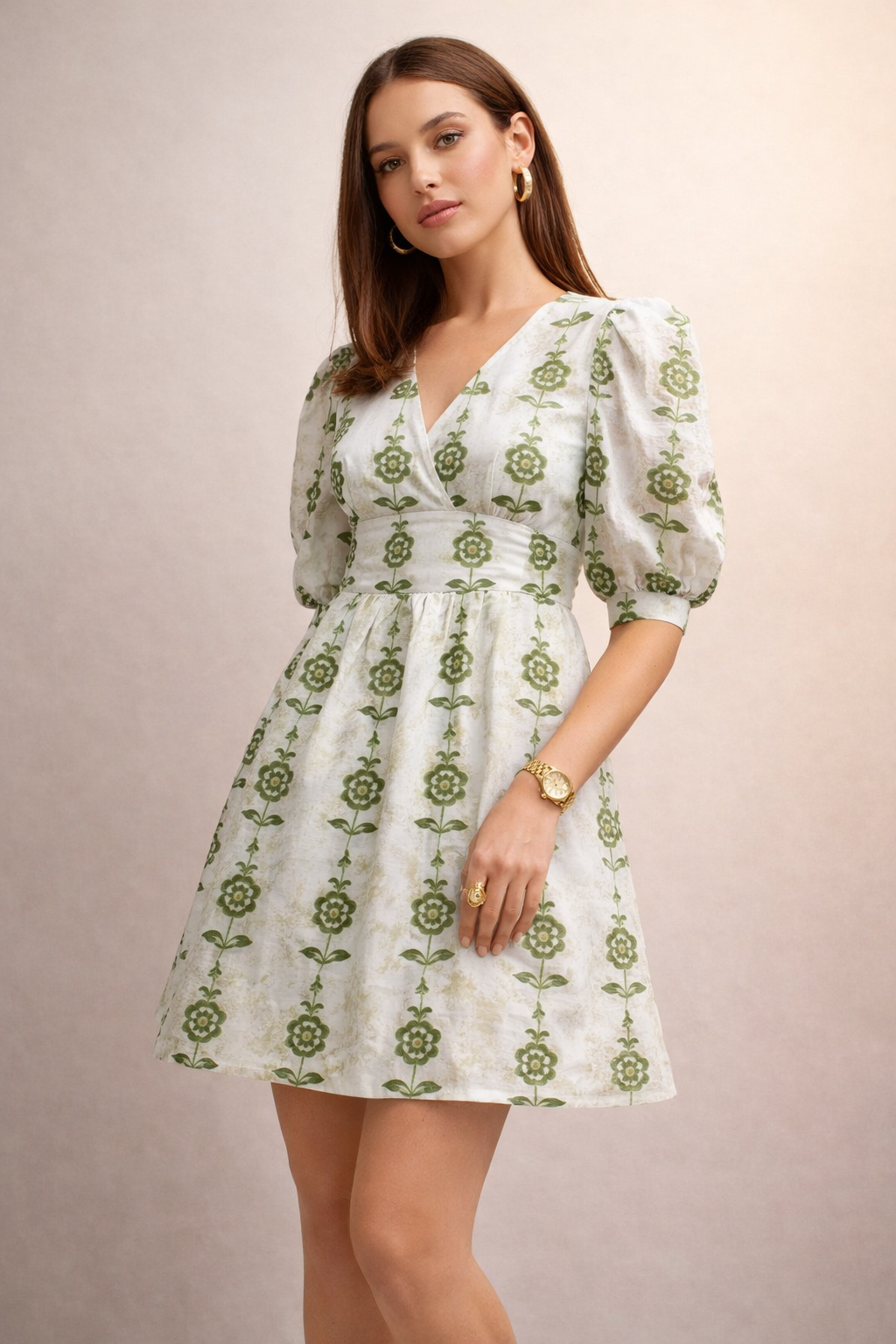 Olive Green Stylised Floral Stripe Chanderi Fabric