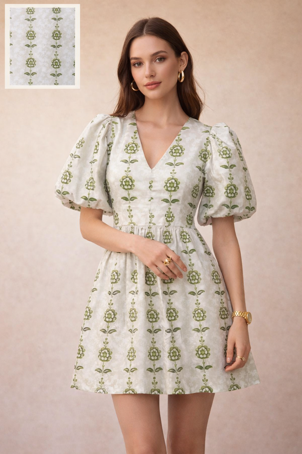 Olive Green Stylised Floral Stripe Chanderi Fabric