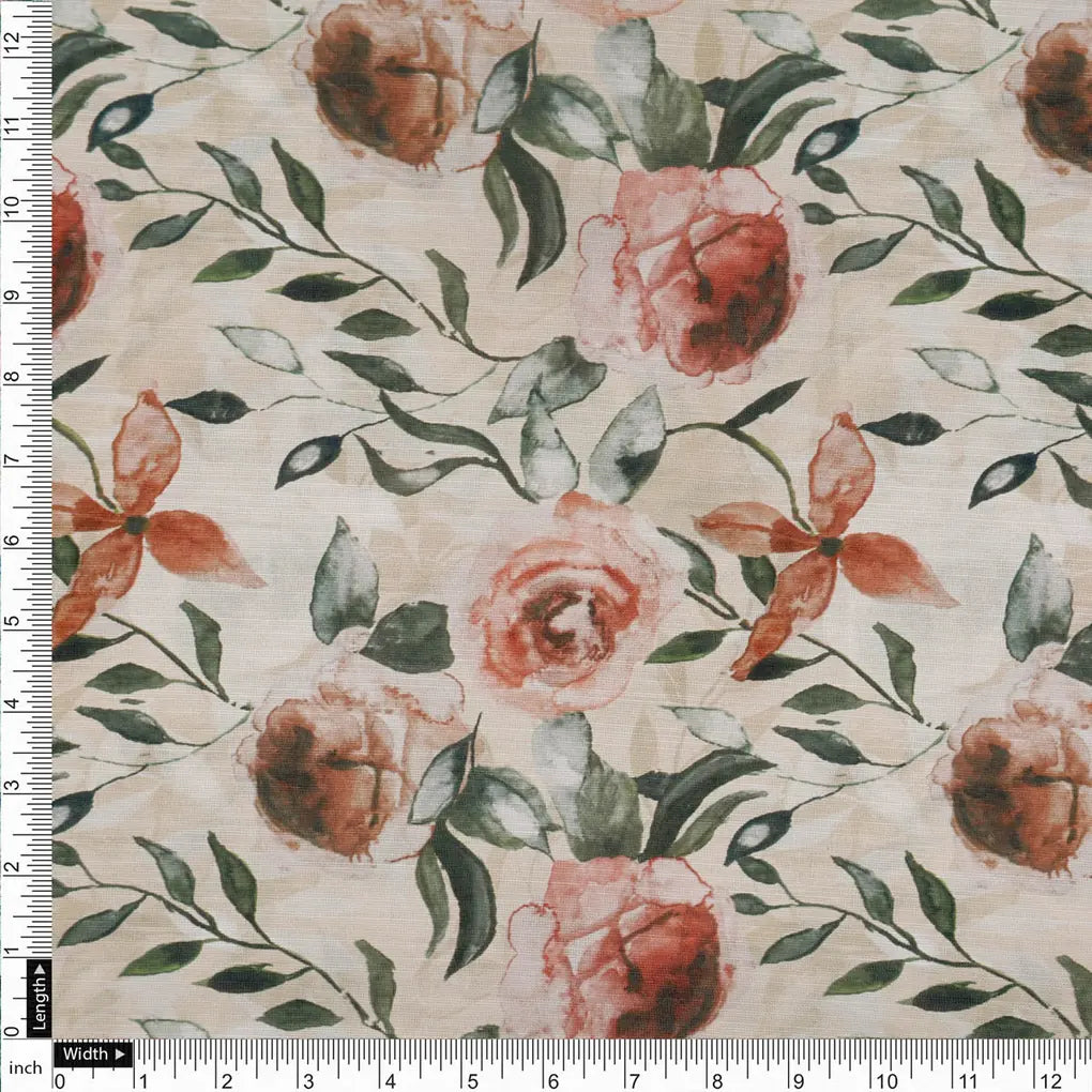 Beige Floral Linen Satin Fabric – 202a2362copy