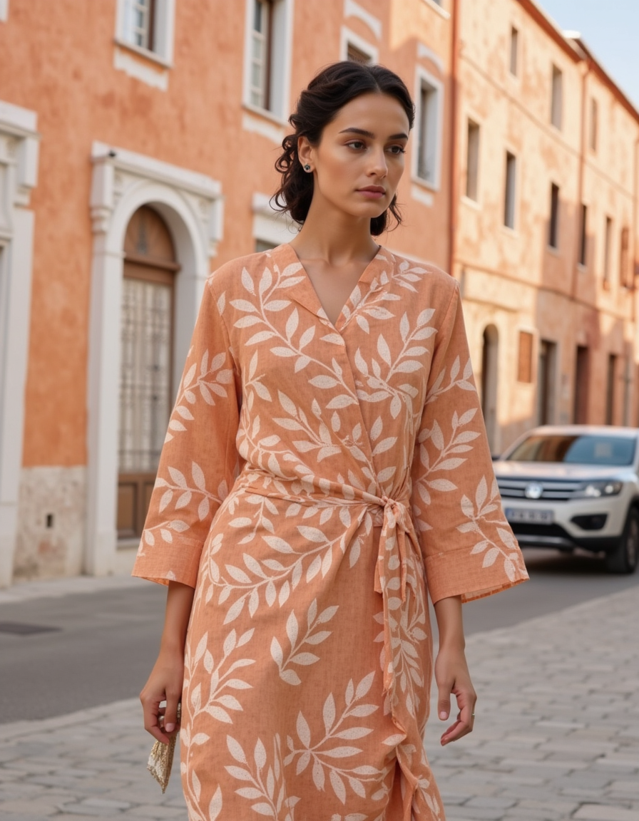 Chanderi Digital Printed Fabric - Orange Leaves