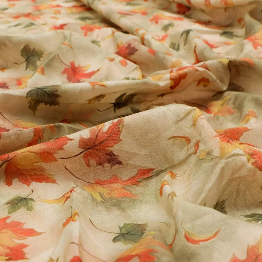 Canadian Maple Green With Orange Leaf Digital Printed Fabric - Pure Cotton – 2 2