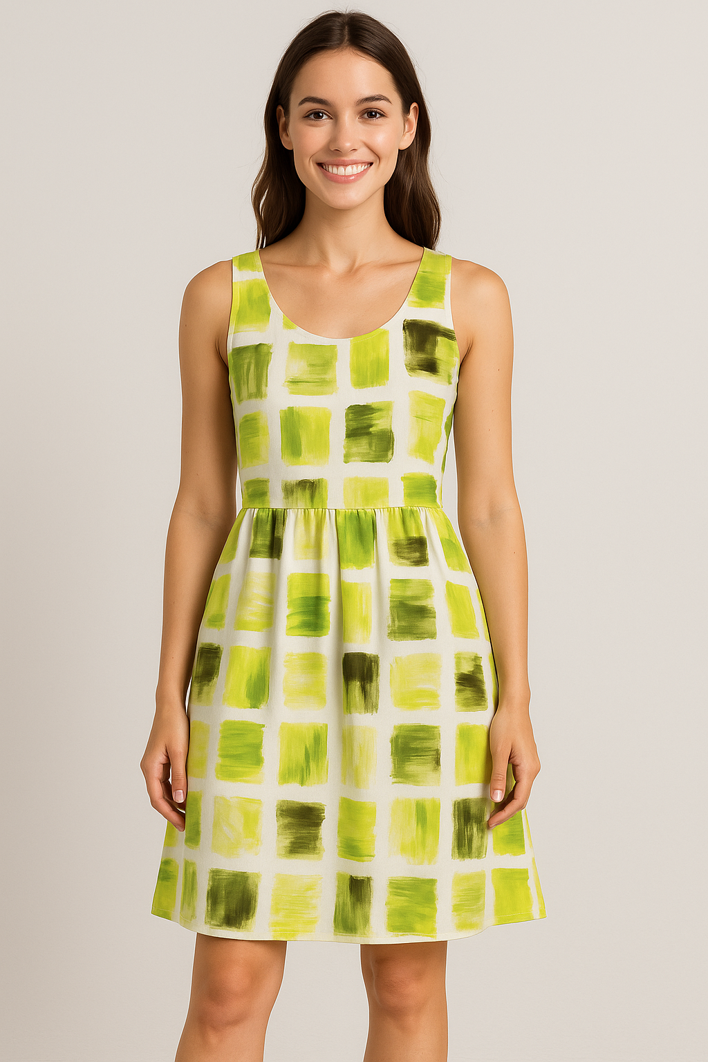 Abstract Green Squares Printed Japan Satin Fabric