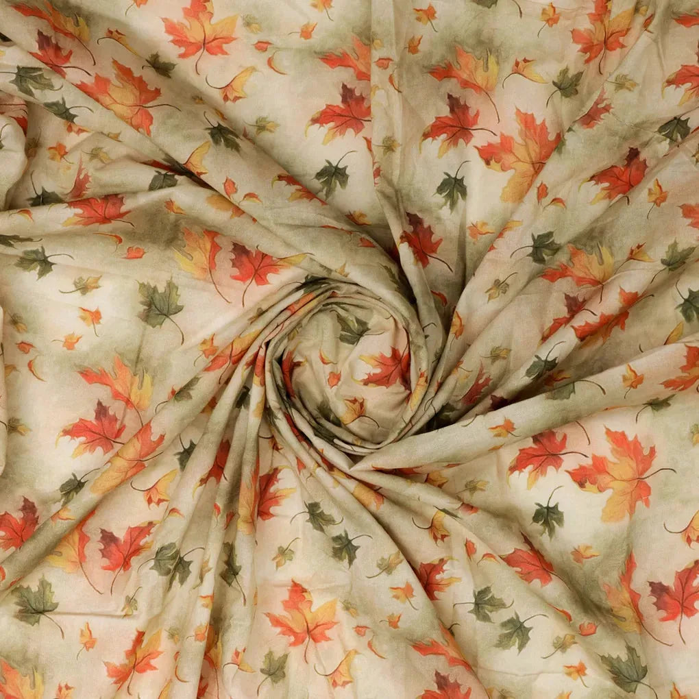 Canadian Maple Green With Orange Leaf Digital Printed Fabric - Pure Cotton – 2 3
