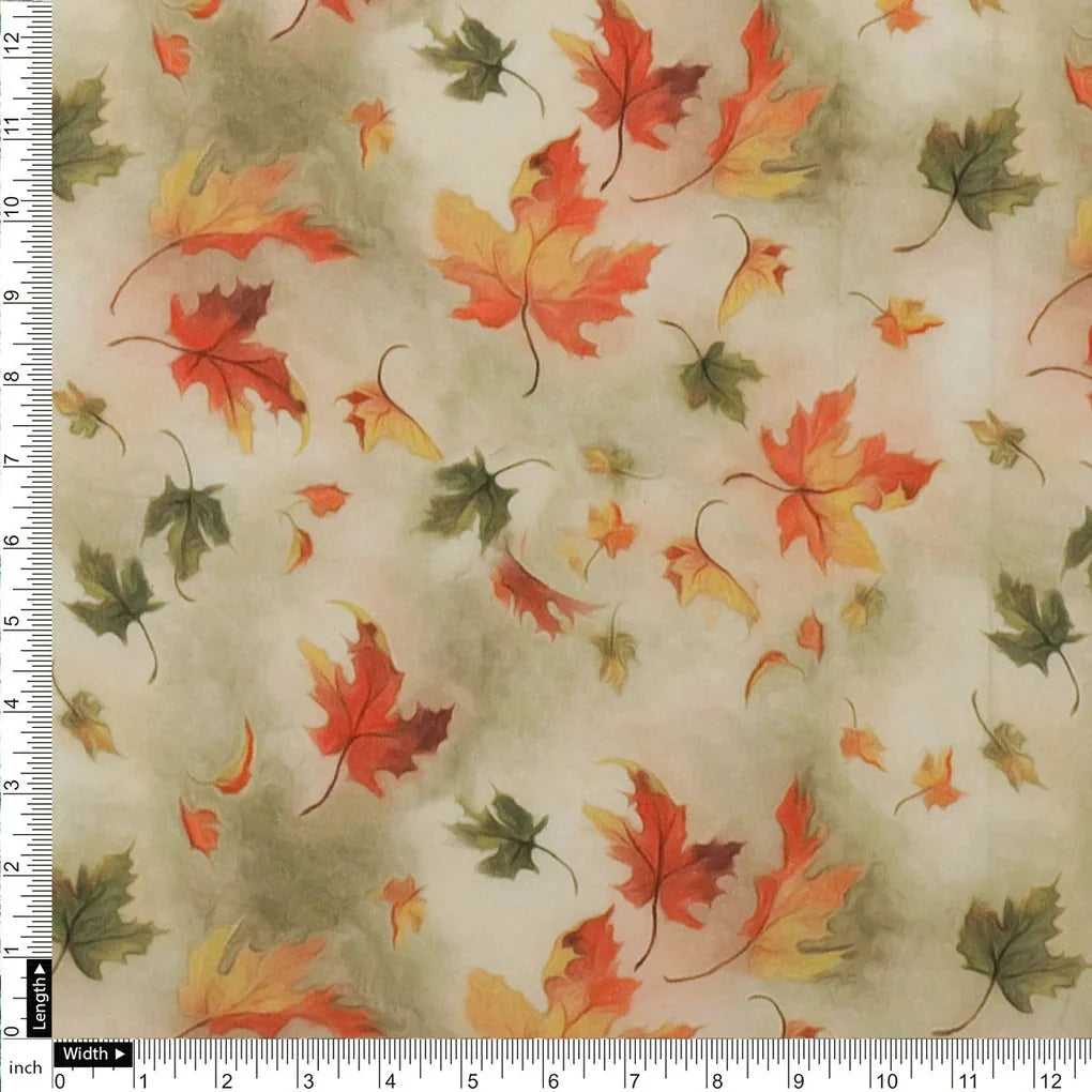 Canadian Maple Green With Orange Leaf Digital Printed Fabric - Pure Cotton – 2 4
