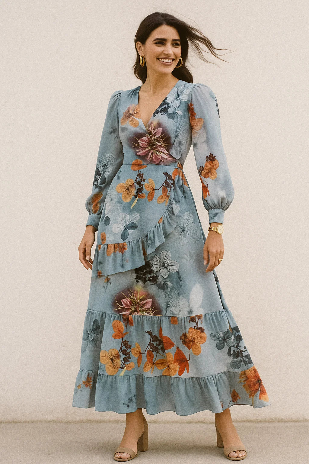 Golden Periwinkle With Gray Floral Digital Printed Fabric - Silk Crepe