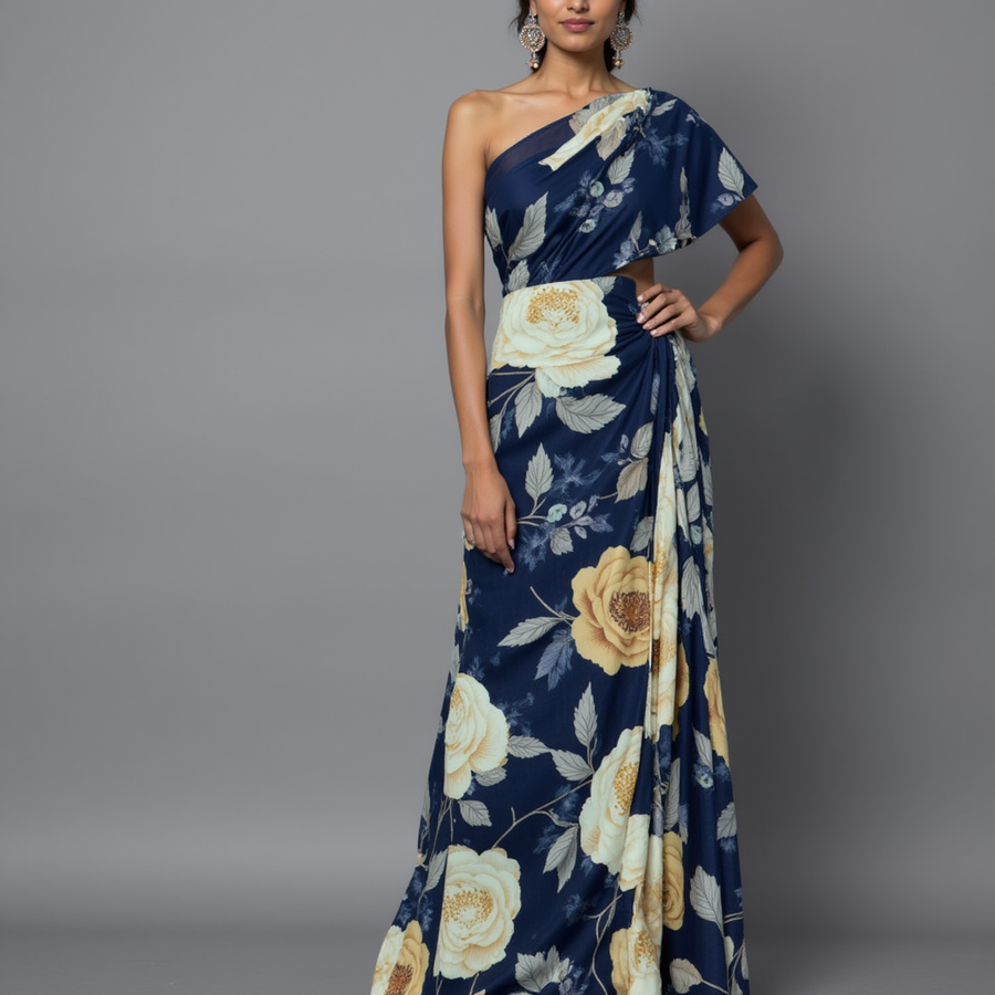 Elegant Floral Over Blue Base Digital Printed Fabric