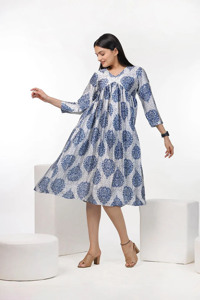 Indigo Leaf Motif Print Dress – 39.2 3542af78 5029 44bd 97e9 e79c9eac85ee