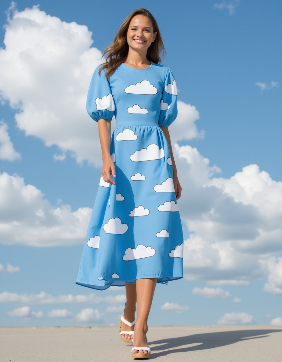 Blue and White Cloud Print Muslin Fabric for Kids