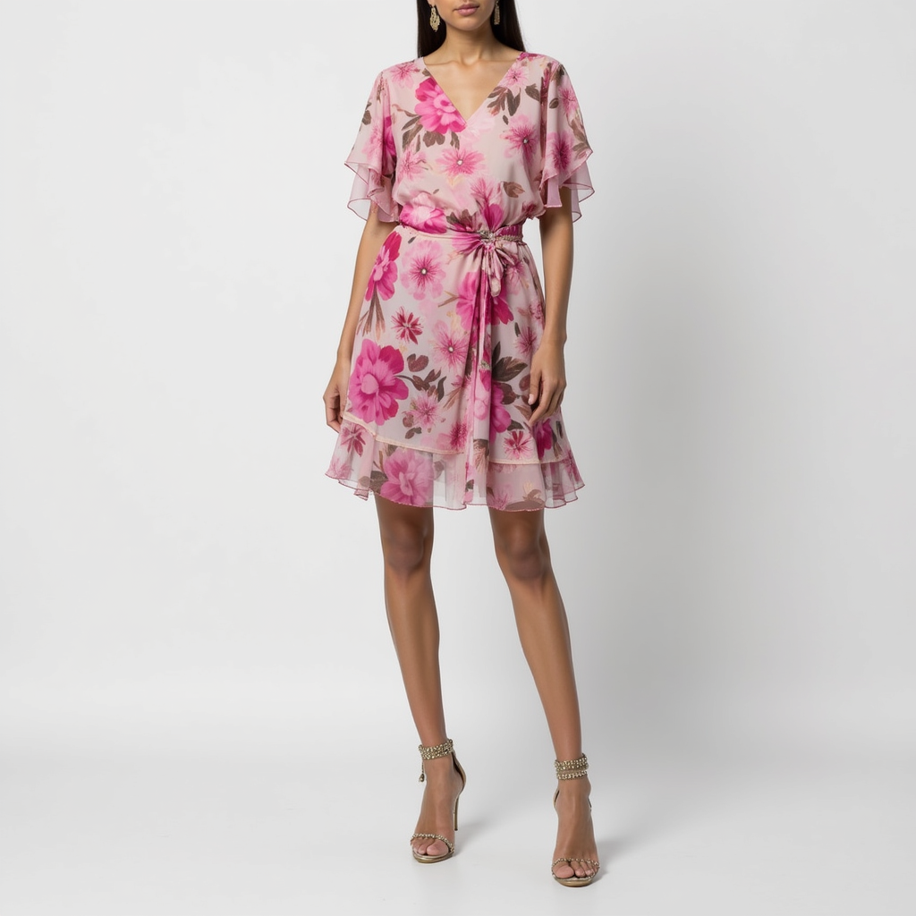 Pink Flower Printed Pure Chiffon Fabric